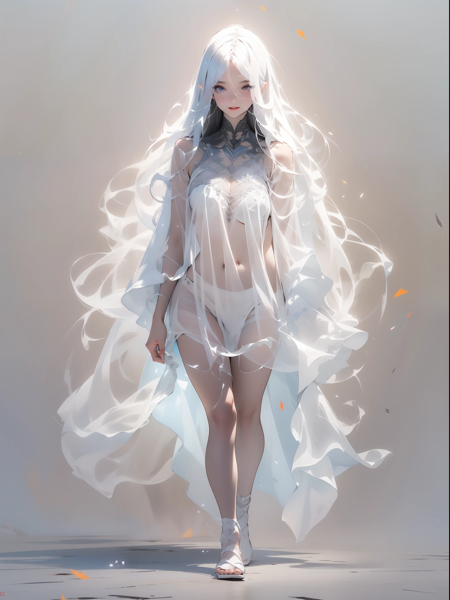 An illustration of a ghost girl in a sensual pose and with a micro skirt showing tiny floss, roupas totalmente brancas com capuz transparente, pele branca e cabelos brancos, quase nua, Tiny floss, seios grandes, decote generoso, bunda grande, tudo transparente, light behind her, ghosty aura, sorriso malicioso, rosto lindo e limpo, corpo perfeito, white particles around you, exterior de uma casa abandonada, Mist around