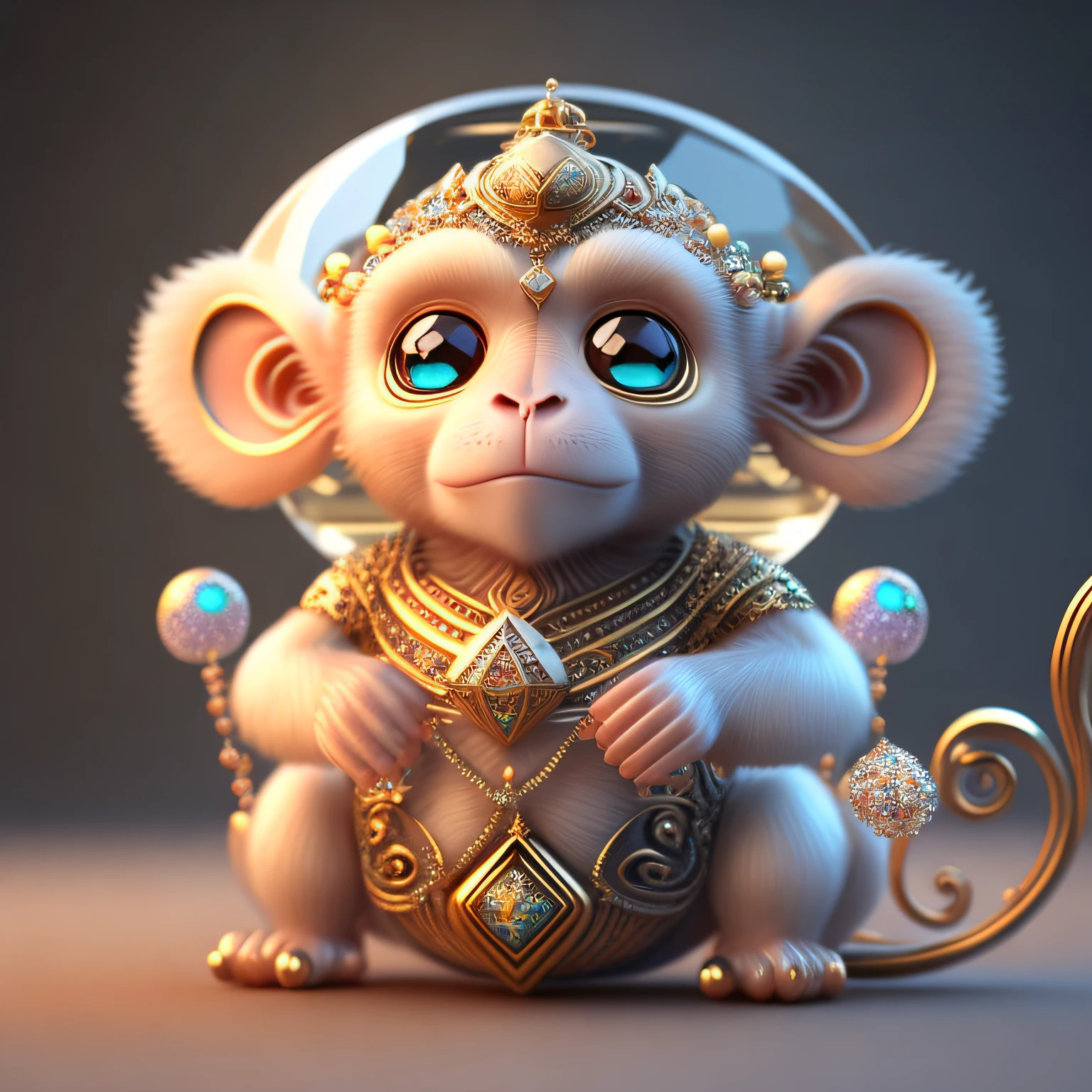 A cute crystal ball zodiac monkey embellished with various jewelry ornaments and low-poly eyes is a highly detailed and intricate conceptual art craft using Artstation 8k quality.