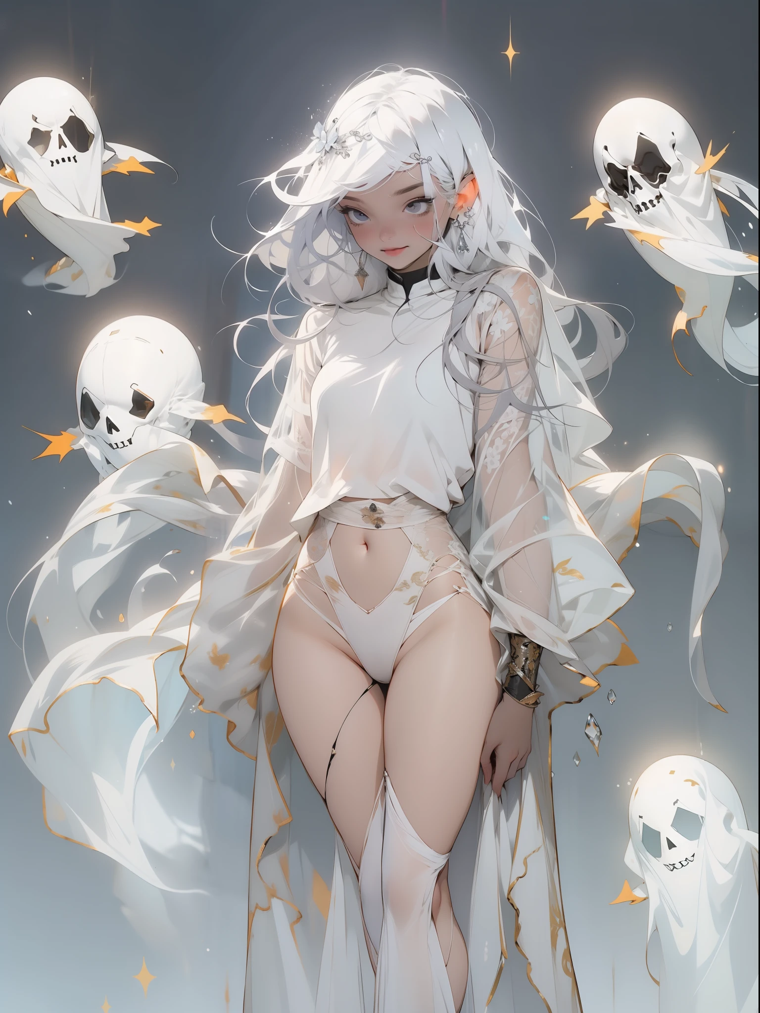 An illustration of a ghost girl in a sensual pose and with a micro skirt showing tiny floss, roupas totalmente brancas com capuz transparente, pele branca e cabelos brancos, quase nua, Tiny floss, seios grandes, decote generoso, bunda grande, tudo transparente, light behind her, ghosty aura, sorriso malicioso, rosto lindo e limpo, corpo perfeito, white particles around you, exterior de uma casa abandonada, Mist around