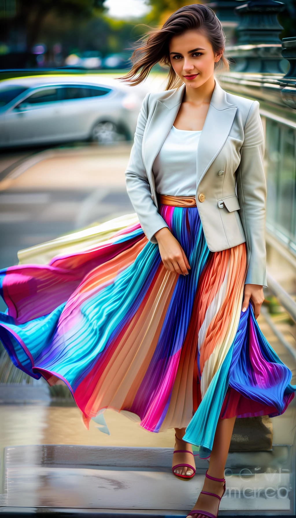 (shy smiling) woman, authentic (kind and tender) good woman wearing a short blazer with a very very detailed (long (fully pleated) full circle skirt) and (simple) low heeled office shoes, very very intricate hyper-detailed symmetric (attractive graceful young feminine face) with (sad, tired eyes and a shy smile), large breasts, full of empathy and compassion and love, (pronounced (feminine) features), (highly detailed ultra accurate realistic) hands and fingers, (windy conditions and wind blowing), epic composition, highly detailed attributes, highly detailed atmosphere, (35mm f1.4 Kodak portra 400 photograph), extremely high quality RAW photograph, detailed background, intricate, Exquisite details and textures,