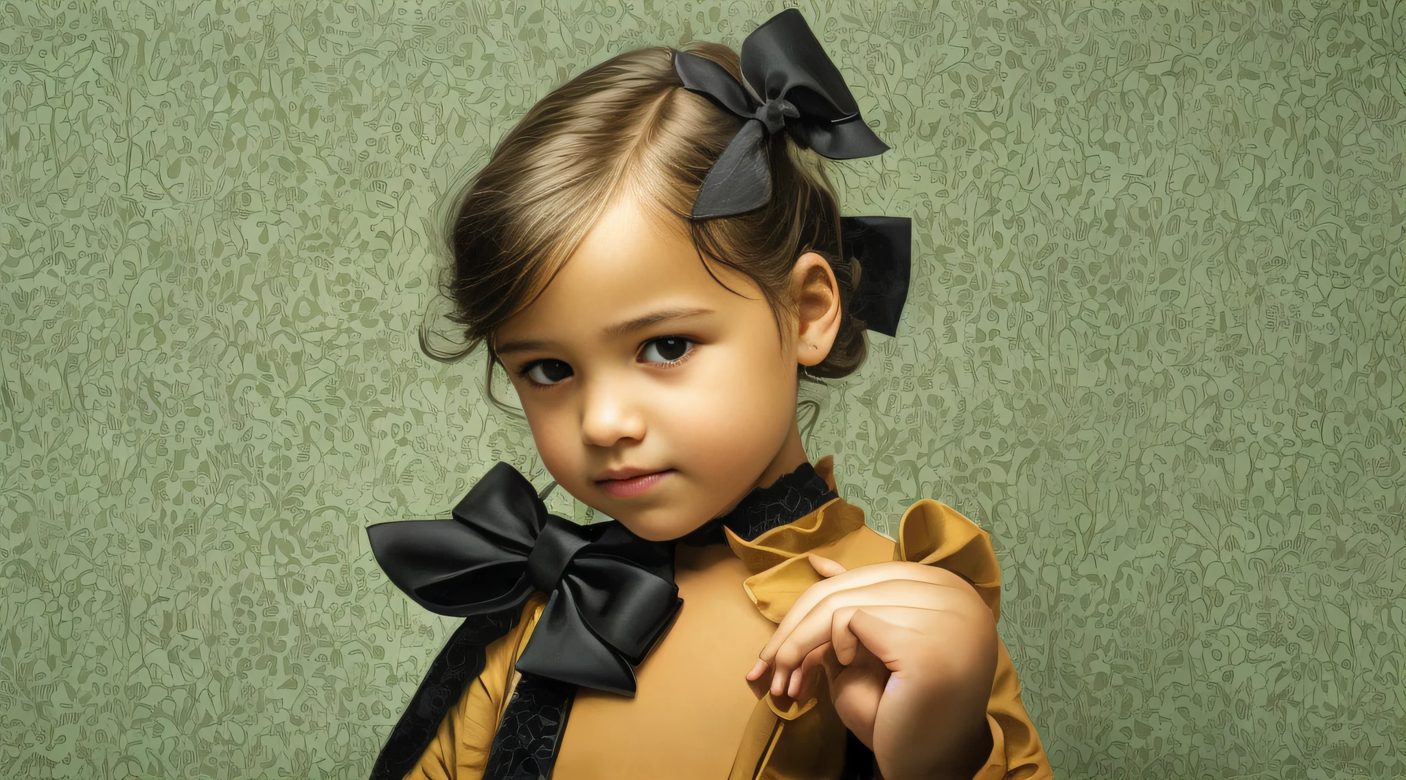 CHILD girl with a black bow and a black dress and TURTLE . , com cabelo castanho escuro, meninaabelo castanho, fitas de cabelo preto, uma bela adolescente-idade, wearing hair bow, menina jovemlo castanho e olhos grandes, foto de meio comprimento,