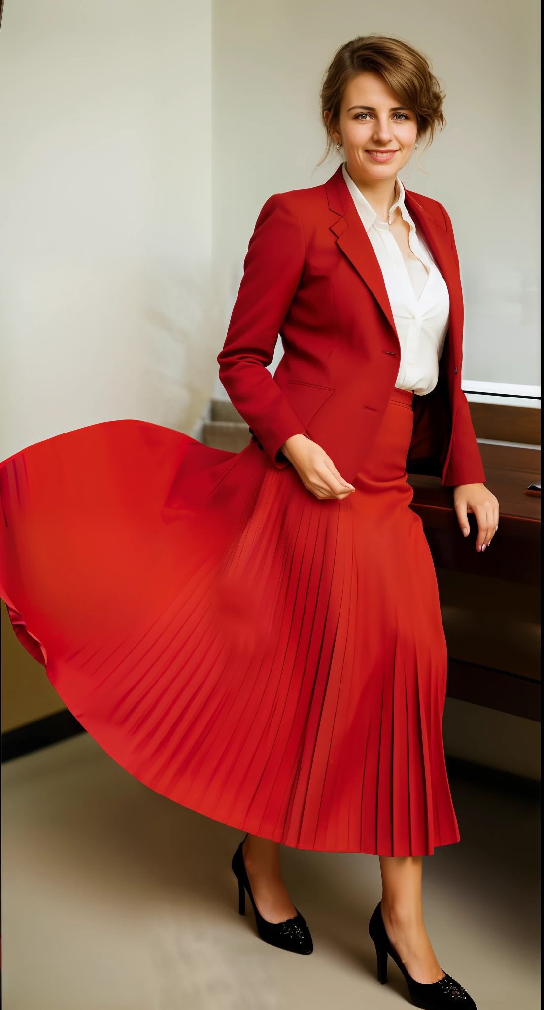 (very shy smiling) woman, authentic (kind and tender) good woman wearing a short blazer with a very very detailed (long (fully pleated) full circle skirt) and (simple) low heeled office shoes, very very intricate hyper-detailed symmetric (attractive graceful young feminine face) with (sad, tired eyes and a shy smile), large breasts, full of empathy and compassion and love, (pronounced (feminine) features), (highly detailed ultra accurate realistic) hands and fingers, (windy conditions and wind blowing), epic composition, highly detailed attributes, highly detailed atmosphere, (35mm f1.4 Kodak portra 400 photograph), extremely high quality RAW photograph, detailed background, intricate, Exquisite details and textures,