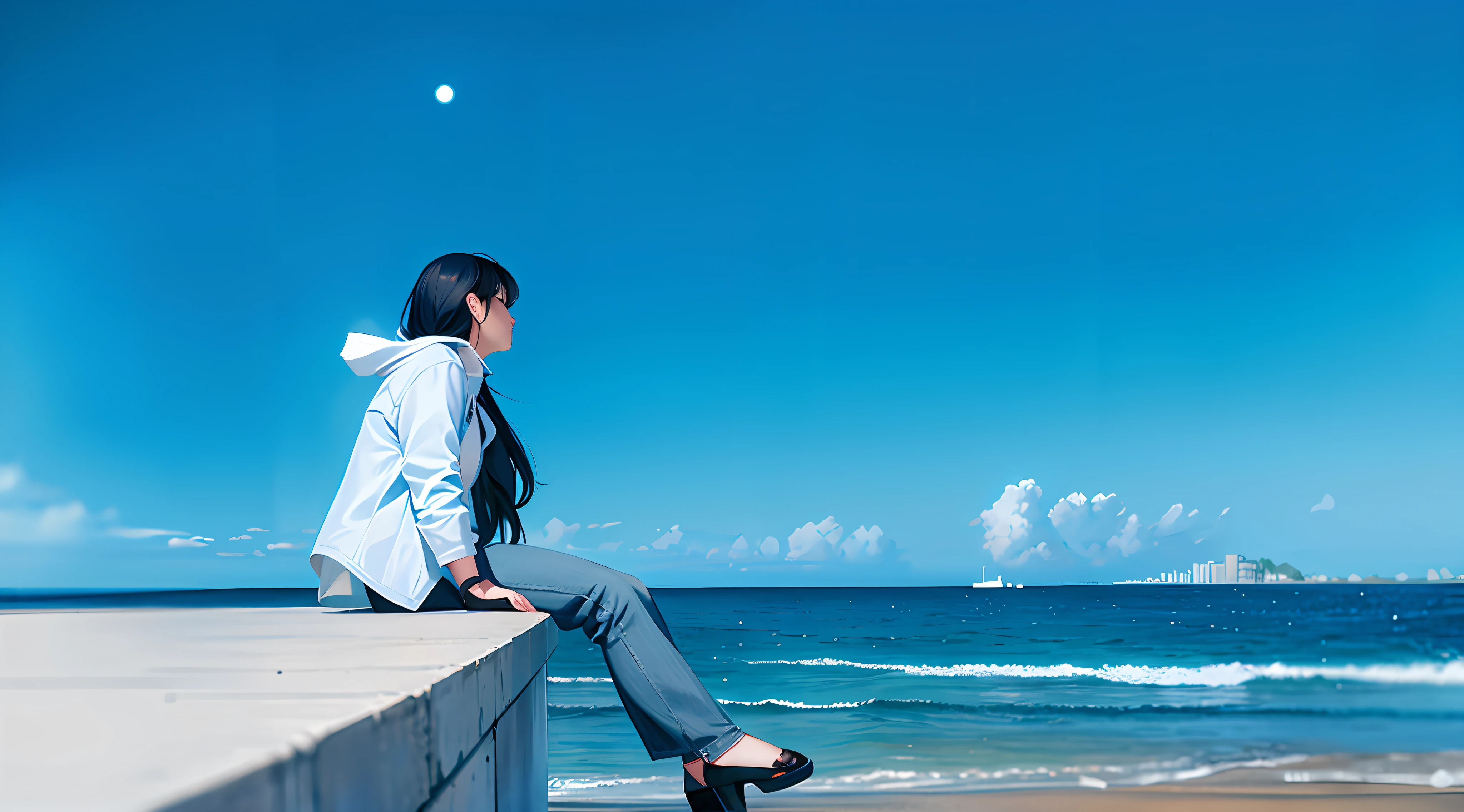 There is a woman sitting on a concrete windowsill looking at the sea, Relaxed. The moon is visible against a blue background，starrysky, looking at the ocean, looking at the ocean, Have by the sea, in a beachfront environment, sitting relax and happy, sitting in beach, Sitting on the beach, relaxing on the beach, next to the reflecting ocean, looking at the ocean