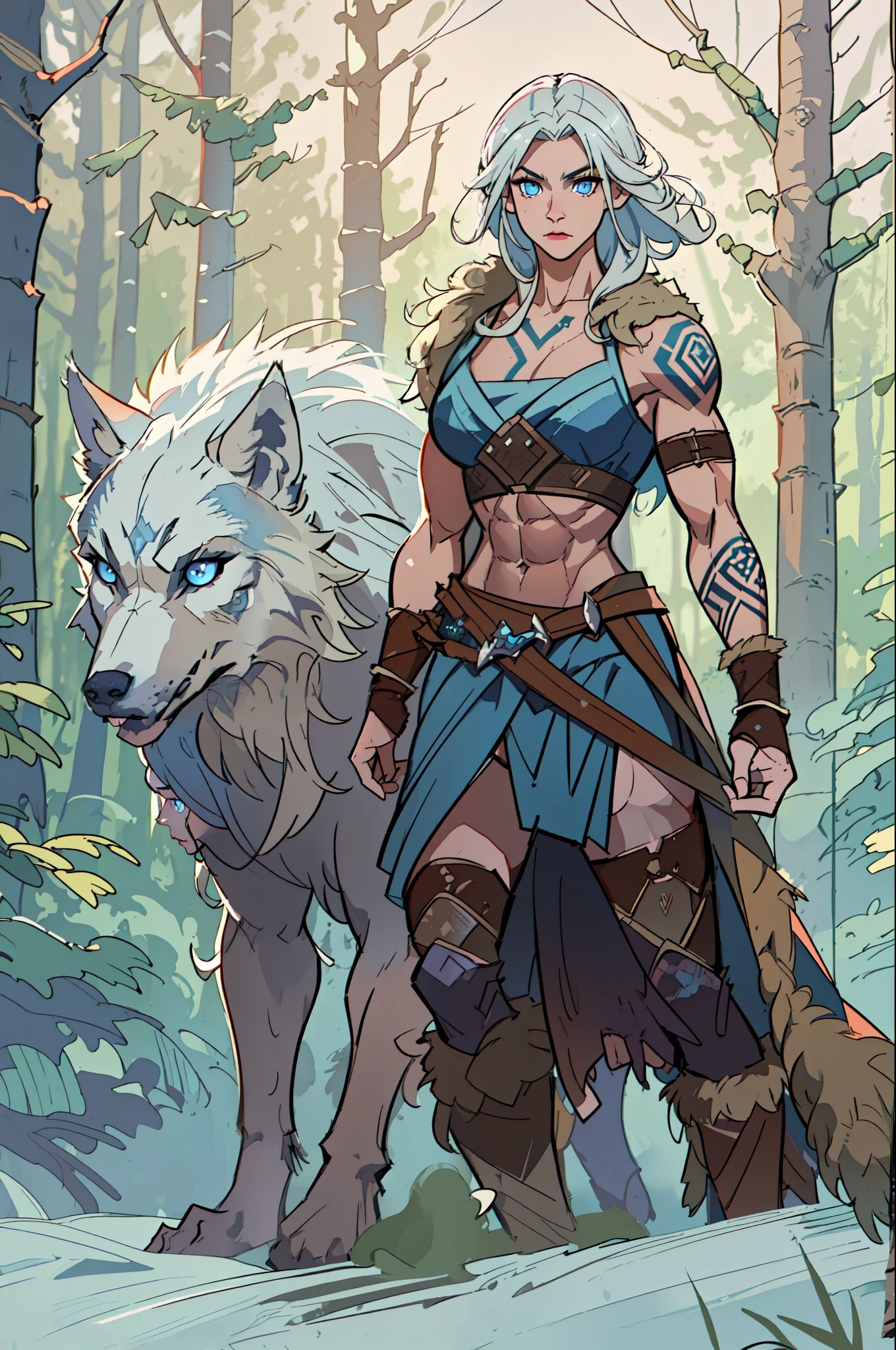 Female viking, (young:1.2), (muscular:1.2), fit, wearing brown furs and hides, blue norse tattoos, blue eyes, platinum blonde hair. Setting is a Scandinavian forest in winter, bare arms, exposed naval, (abs:1.2). Highly detailed, norse, berserker, arm muscles, leg muscles, (ethereal wolf spirit behind character:1.4)