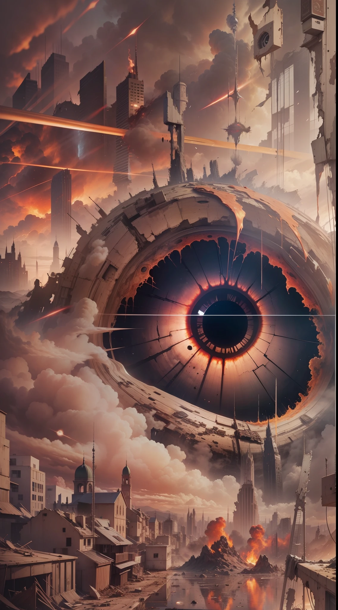 an eye reflecting the destruction of the world