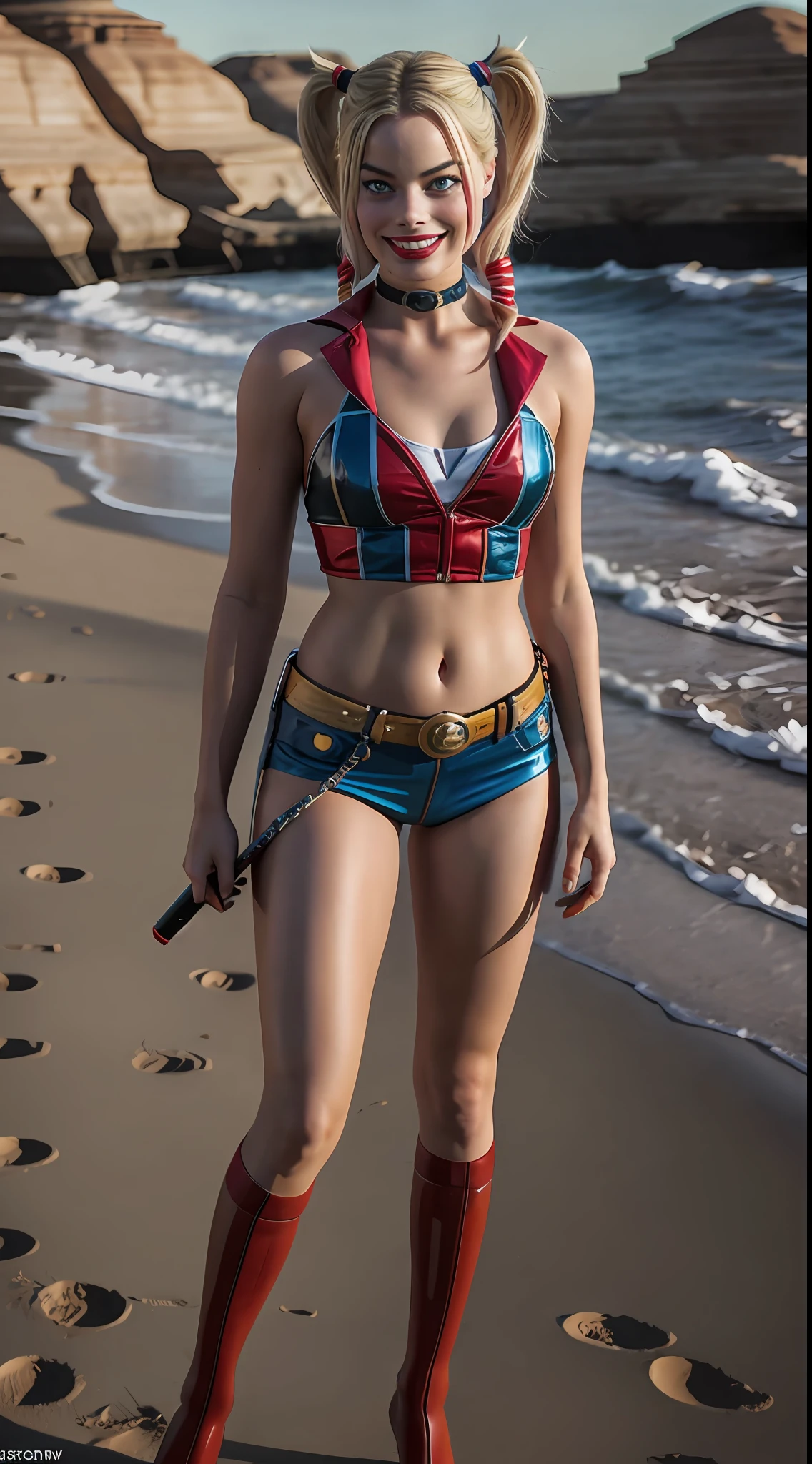 margot robbie as a gorgeous Harley Quinn standing on sand wind in the hair