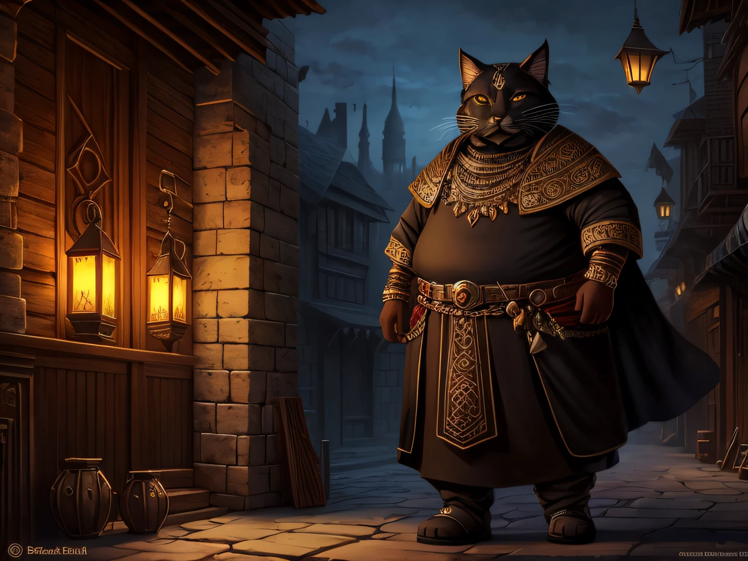fat black-skin tabaxi warlock, with an earring in his ear, gypsy, dnd, concept art, old city, dark fantasy, patel, portrait