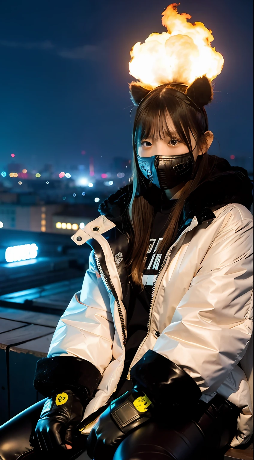 Large gas mask、fur-coat、dictator、Big dragon tattoo、Tattoos all over the body、Glowing headgear、On the rooftop、Huge background is a neon sign、Leather gloves、long boots、Holding a Japan sword、Baseball armor、insurrection、Nuclear power plant in the background、Terrorist groups、Fluorescence Headgear、short-haired、bleu hair、Ignite fire from a flamethrower、middle school girl、14years、gas masks、high socks、Rooftop at night、City on fire in the background