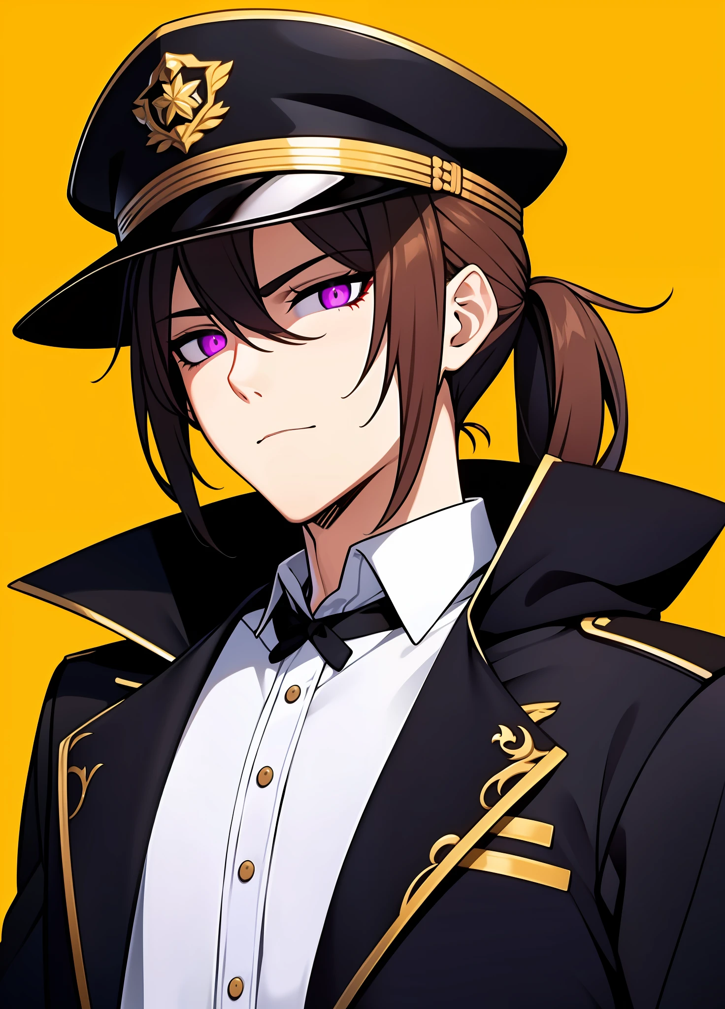 devil pupils, Purple eyes, bangs, Brown hair, pony tails, short blouse, Black cape, age uncensored, Movie anime style, Handsome guy, 5 star, Male general, Peaked hat,Five stars
