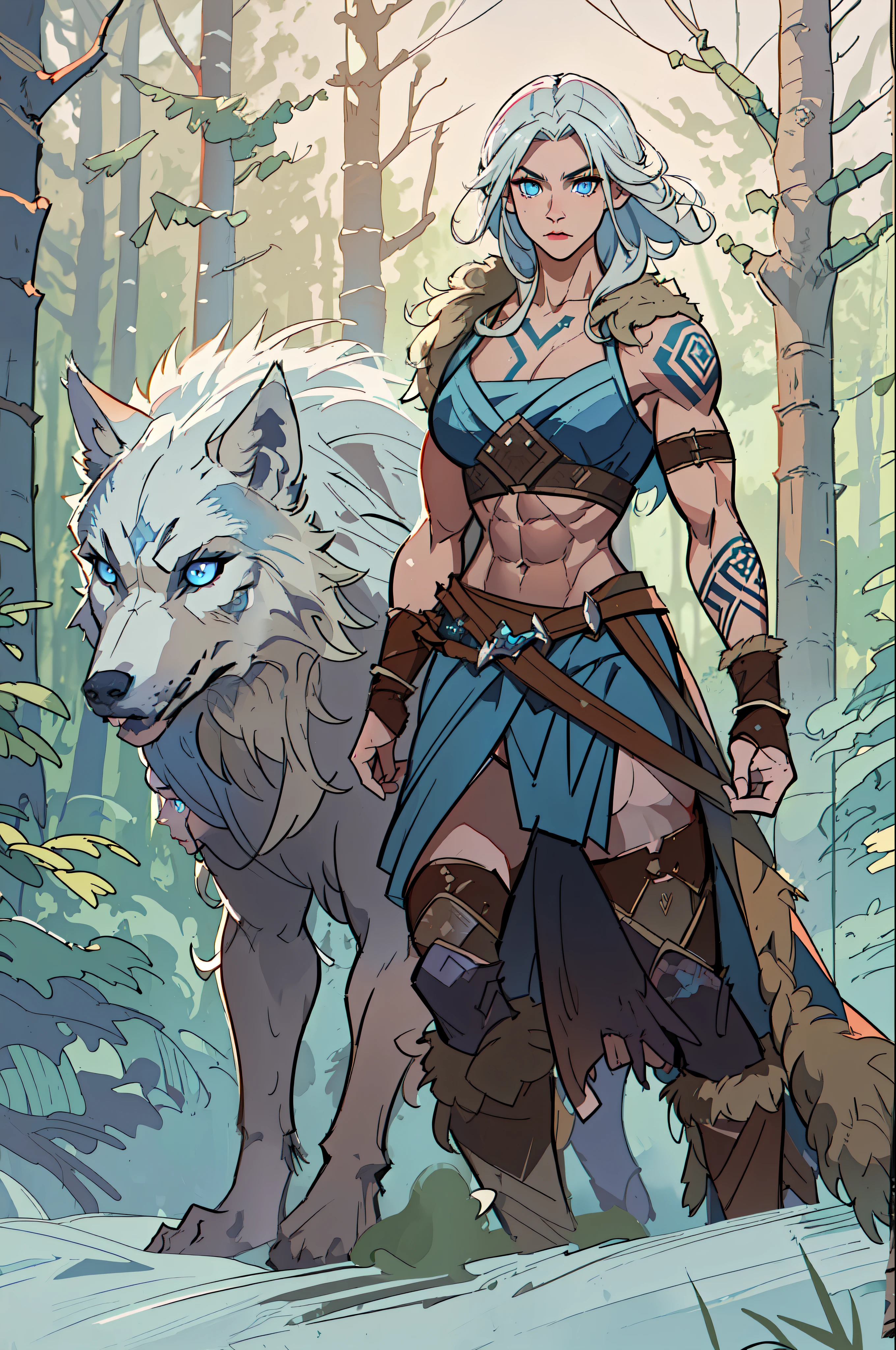 Female viking, (young:1.2), (muscular:1.2), fit, wearing brown furs and hides, blue norse tattoos, blue eyes, platinum blonde hair. Setting is a Scandinavian forest in winter, bare arms, exposed naval, (abs:1.2). Highly detailed, norse, berserker, arm muscles, leg muscles, (ethereal wolf spirit behind character:1.4)