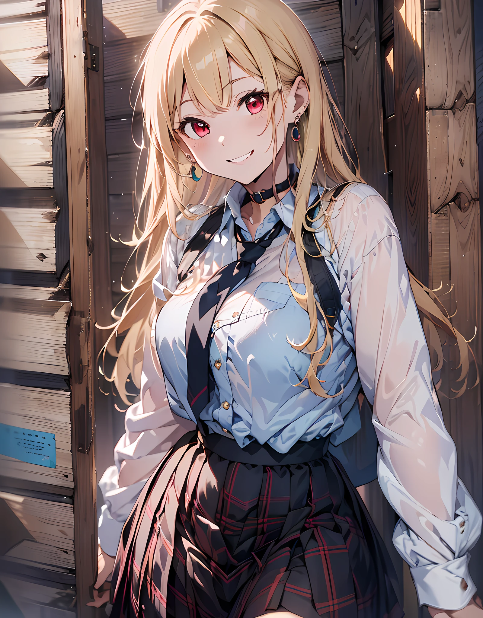 masterpiece, best quality, highres, kitagawa marin, 1girl, blonde hair, long hair, multicolored hair, red eyes, jewelry, earrings, piercing, school uniform, white shirt, tied shirt, black choker, blue necktie, plaid skirt, grin, smile, standing, cowboy shot, outdoors,