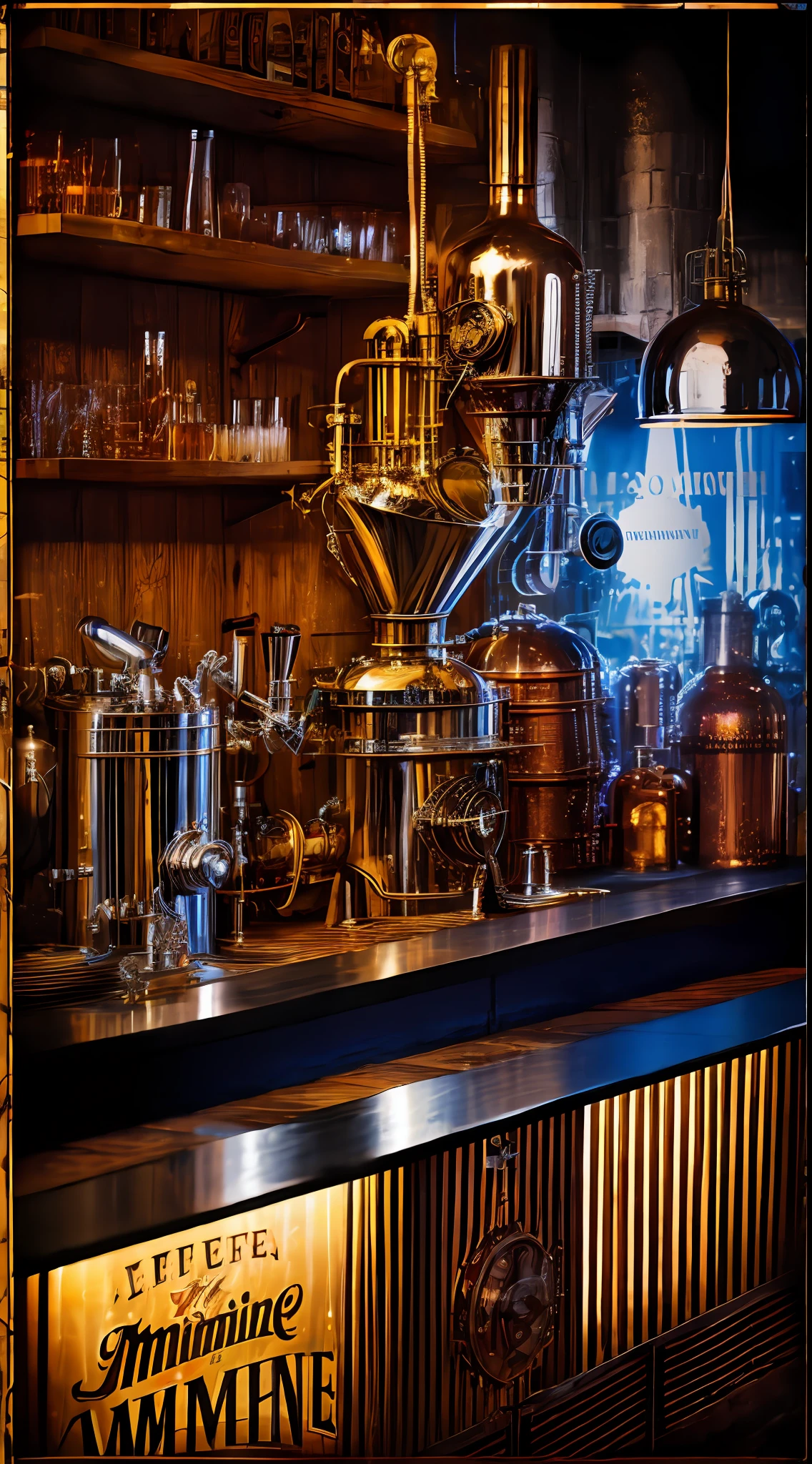 obra maestra, increible artefacto destilador de whiskey,  taberna clandestina, Manufacturer of whiskey machines Steampunk moonshine, ,  realista, hermoso, Neon Noir Lighting, Kinematic, Epic Quality