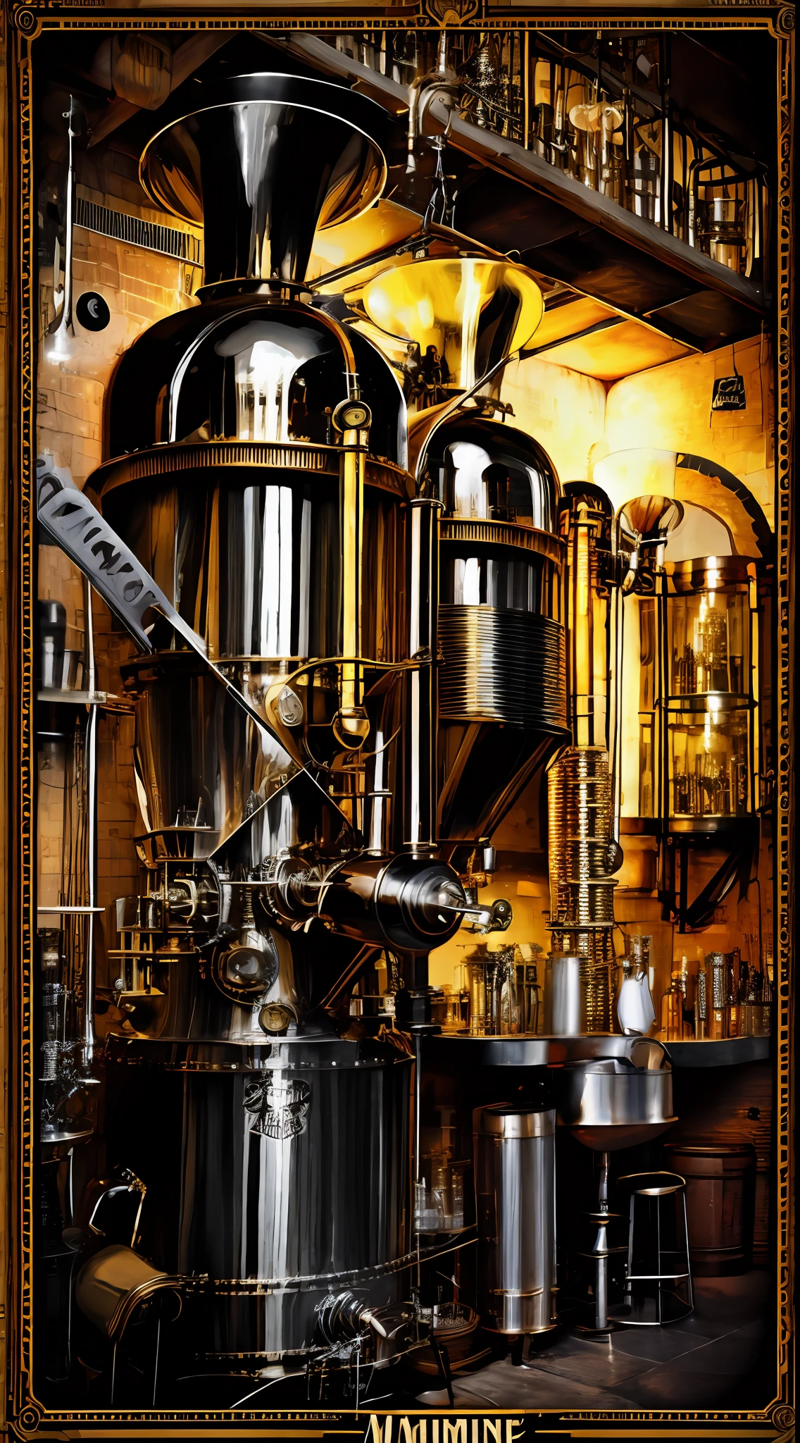 obra maestra, increible artefacto destilador de whiskey,  taberna clandestina, Manufacturer of whiskey machines Steampunk moonshine, ,  realista, hermoso, Neon Noir Lighting, Kinematic, Epic Quality