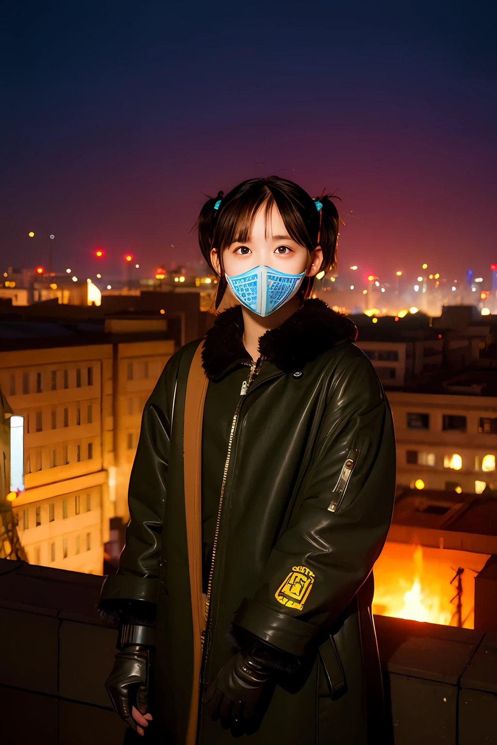 middle school girl、14years、Large gas mask、fur-coat、dictator、Big dragon tattoo、Tattoos all over the body、Glowing headgear、On the rooftop、Huge background is a neon sign、Leather gloves、long boots、Holding a Japan sword、Baseball armor、insurrection、Nuclear power plant in the background、Terrorist groups、Fluorescence Headgear、short-haired、bleu hair、Ignite fire from a flamethrower、middle school girl、14years、gas masks、high socks、Rooftop at night、City on fire in the background