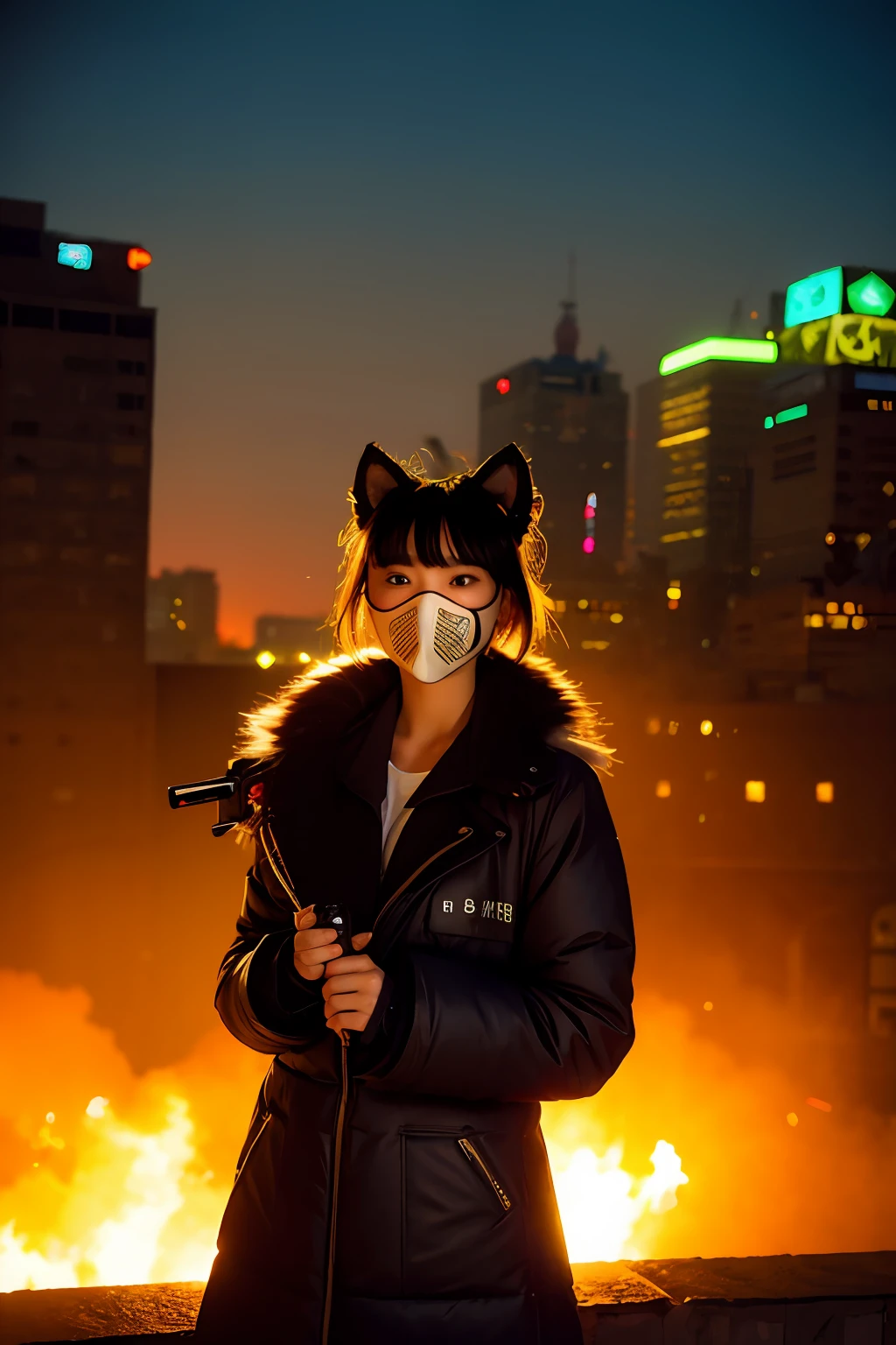 、14years、Large gas 、fur-coat、dictator、Big dragon tattoo、Tattoos all over the body、Glowing headgear、On the rooftop、Huge background is a neon sign、Leather gloves、long boots、Holding a Japan sword、Baseball armor、insurrection、Nuclear power plant in the background、Terrorist groups、Fluorescence Headgear、short-haired、bleu hair、Ignite fire from a flamethrower、middle school girl、14ys、high socks、Rooftoat night、City on fire in the background