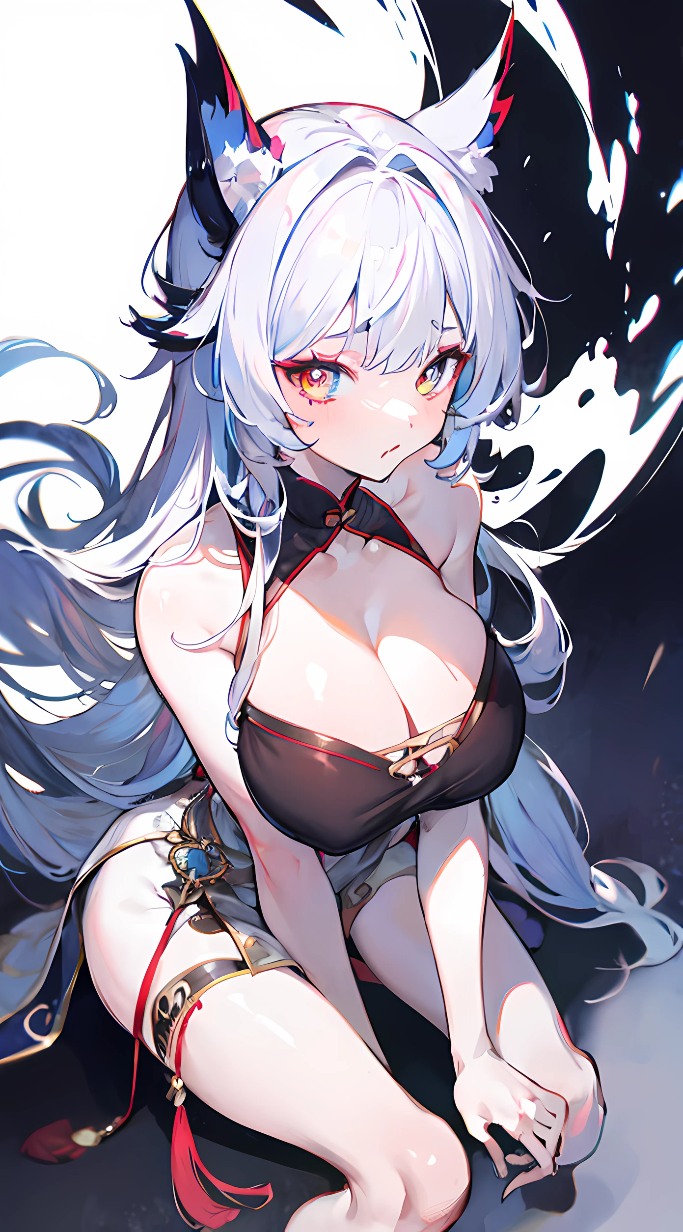 Kizi，White color hair，fog atmosphere，Shy，blacksilk，Color gas，Pout，srestrained，By bangs，Vertical pupils，Red eyeshadow，比基尼，Lori huge breasts cleavage，Love eyes，bare-legged，Flushing，Poor milk，M-legs
