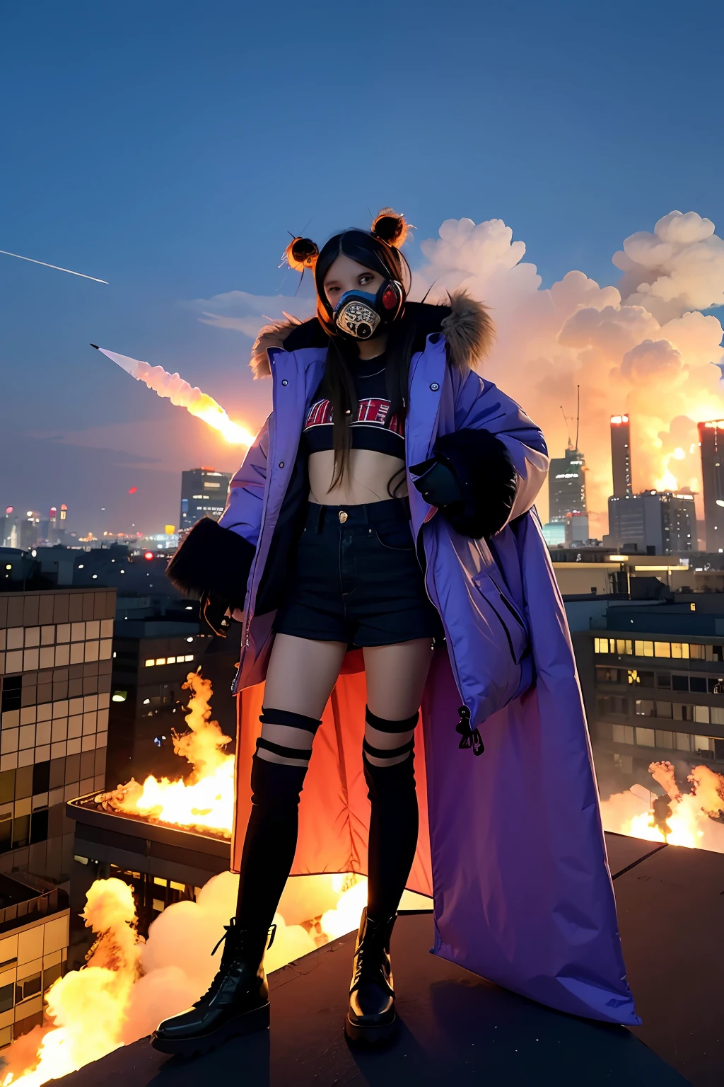 gals、Large gas mask、fur-coat、dictator、Big dragon tattoo、Tattoos all over the body、Glowing headgear、On the rooftop、Huge background is a neon sign、Leather gloves、long boots、Holding a Japan sword、Baseball armor、insurrection、Nuclear power plant in the background、Terrorist groups、Fluorescence Headgear、short-haired、bleu hair、Ignite fire from a flamethrower、middle school girl、14years、gas masks、high socks、Rooftop at night、City on fire in the background
