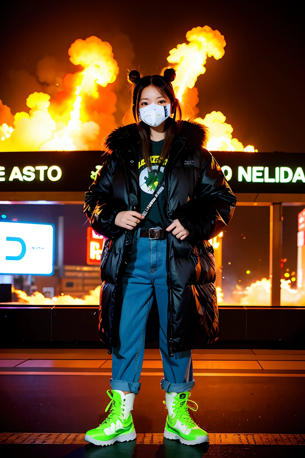 gals、Large gas mask、fur-coat、dictator、Big dragon tattoo、Tattoos all over the body、Glowing headgear、On the rooftop、Huge background is a neon sign、Leather gloves、long boots、Holding a Japan sword、Baseball armor、insurrection、Nuclear power plant in the background、Terrorist groups、Fluorescence Headgear、short-haired、bleu hair、Ignite fire from a flamethrower、middle school girl、ears、gas masks、high socks、Rooftop at night、City on fire in the background