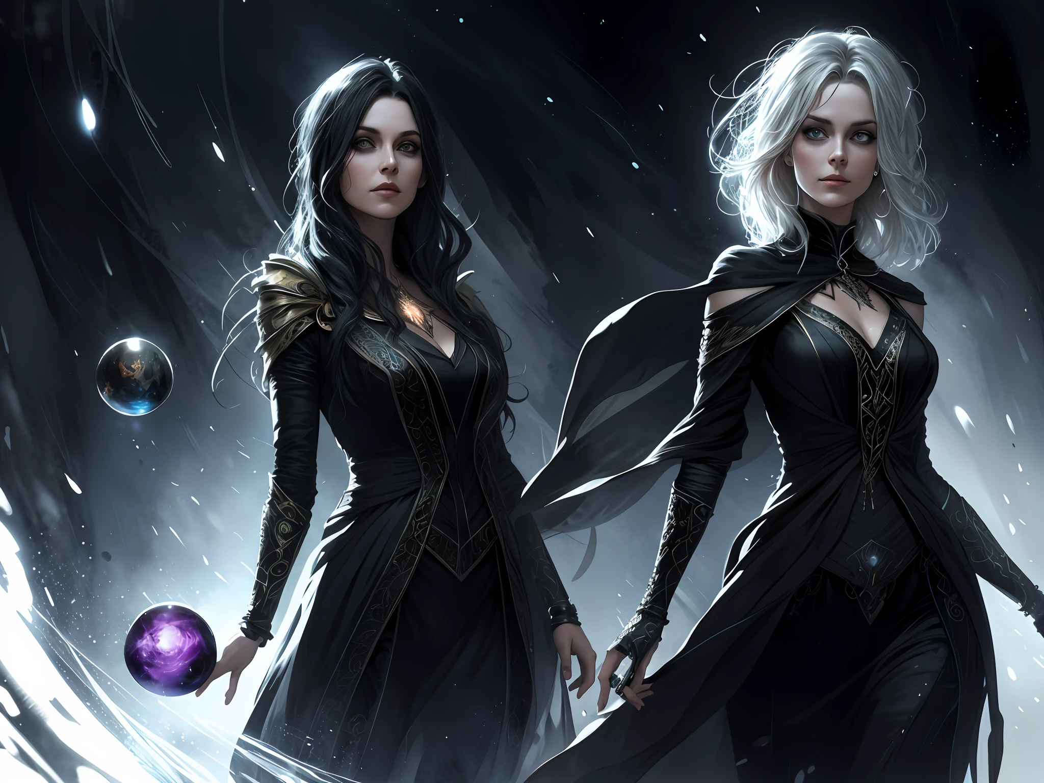 a wizard woman,black dressed,with glass ball,ultra detailed,dark night vision,watercolor,by yossi kotler,charlie bowater,4k,