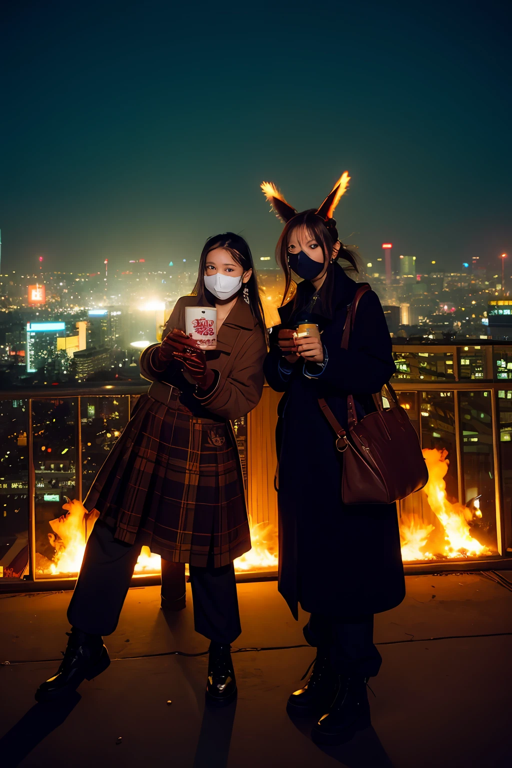 gals、Large gas mask、fur-coat、dictator、Big dragon tattoo、Tattoos all over the body、Glowing headgear、On the rooftop、Huge background is a neon sign、Leather gloves、long boots、Holding a Japan sword、Baseball armor、insurrection、Nuclear power plant in the background、Terrorist groups、Fluorescence Headgear、short-haired、Colorful hair、Ignite fire from a flamethrower、middle school girl、14years、gas masks、high socks、Rooftop at night、City on fire in the background