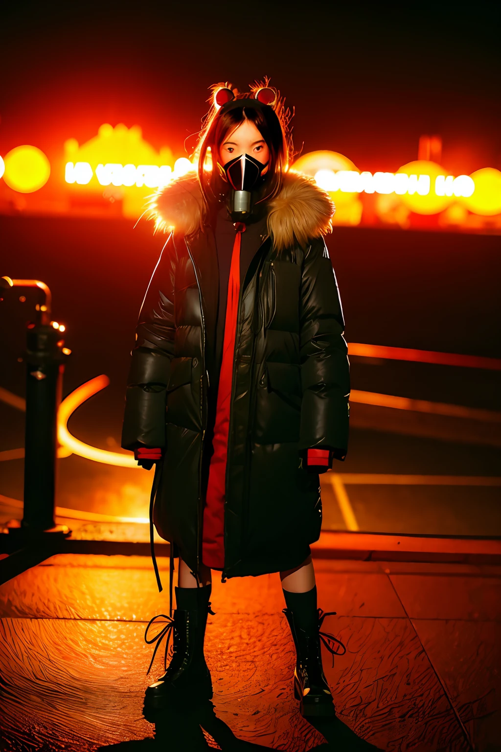 gals、Large gas mask、fur-coat、dictator、Big dragon tattoo、Tattoos all over the body、Glowing headgear、On the rooftop、Huge background is a neon sign、Leather gloves、long boots、Holding a Japan sword、Baseball armor、insurrection、Nuclear power plant in the background、Terrorist groups、Fluorescence Headgear、short-haired、Colorful hair、Ignite fire from a flamethrower、middle school girl、14years、gas masks、high socks、Rooftop at night、City on fire in the background