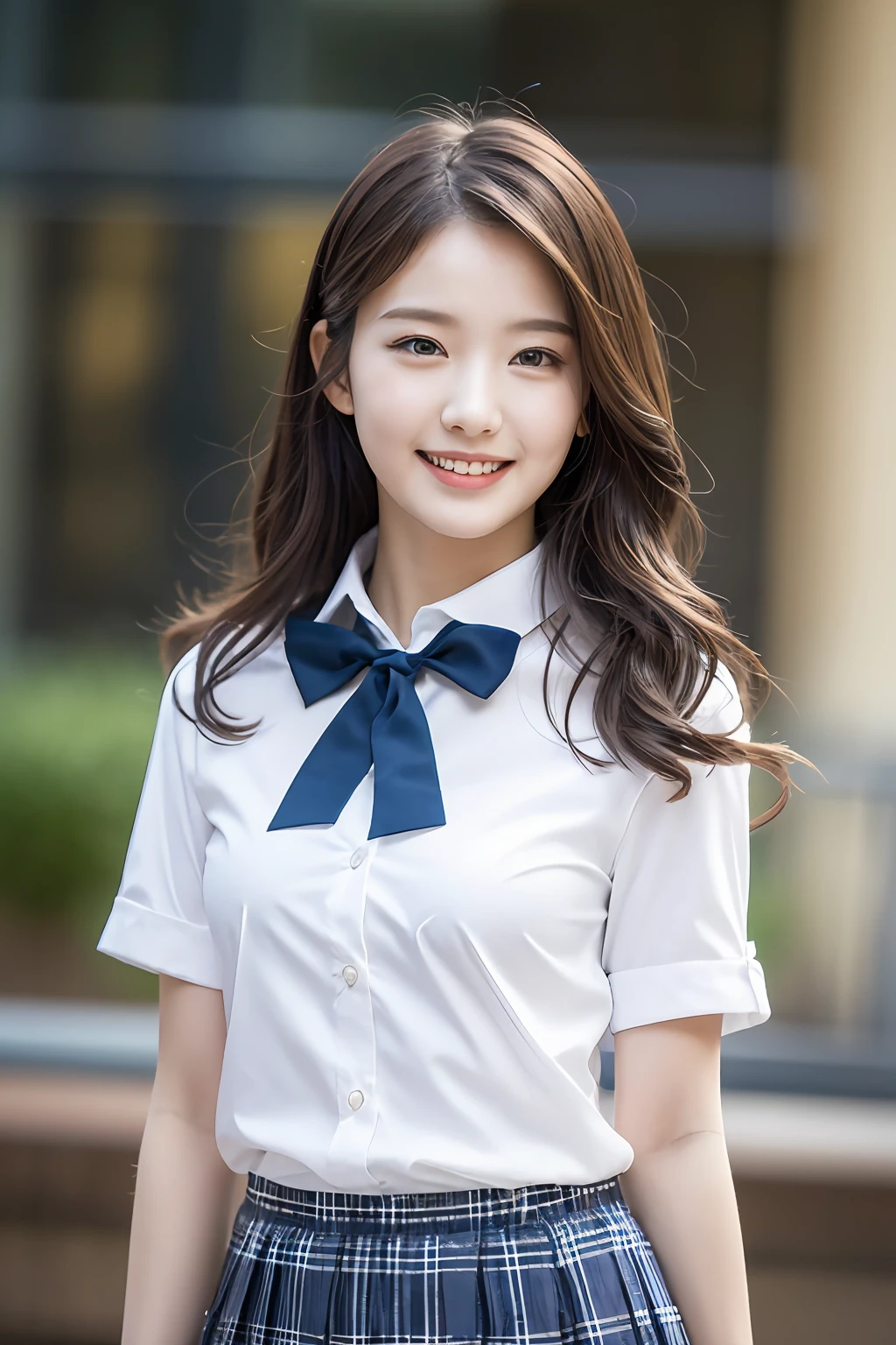 Highly detailed 8k wallpaper), sharp focus, detailed, dramatic, delicate and beautiful schoolgirl, white shirt, navy blue ribbon collar, dark blue pleated micro mini, sexy, smile, peek at the viewer, graphics beautiful, bright school building, full of students, show the whole body,.