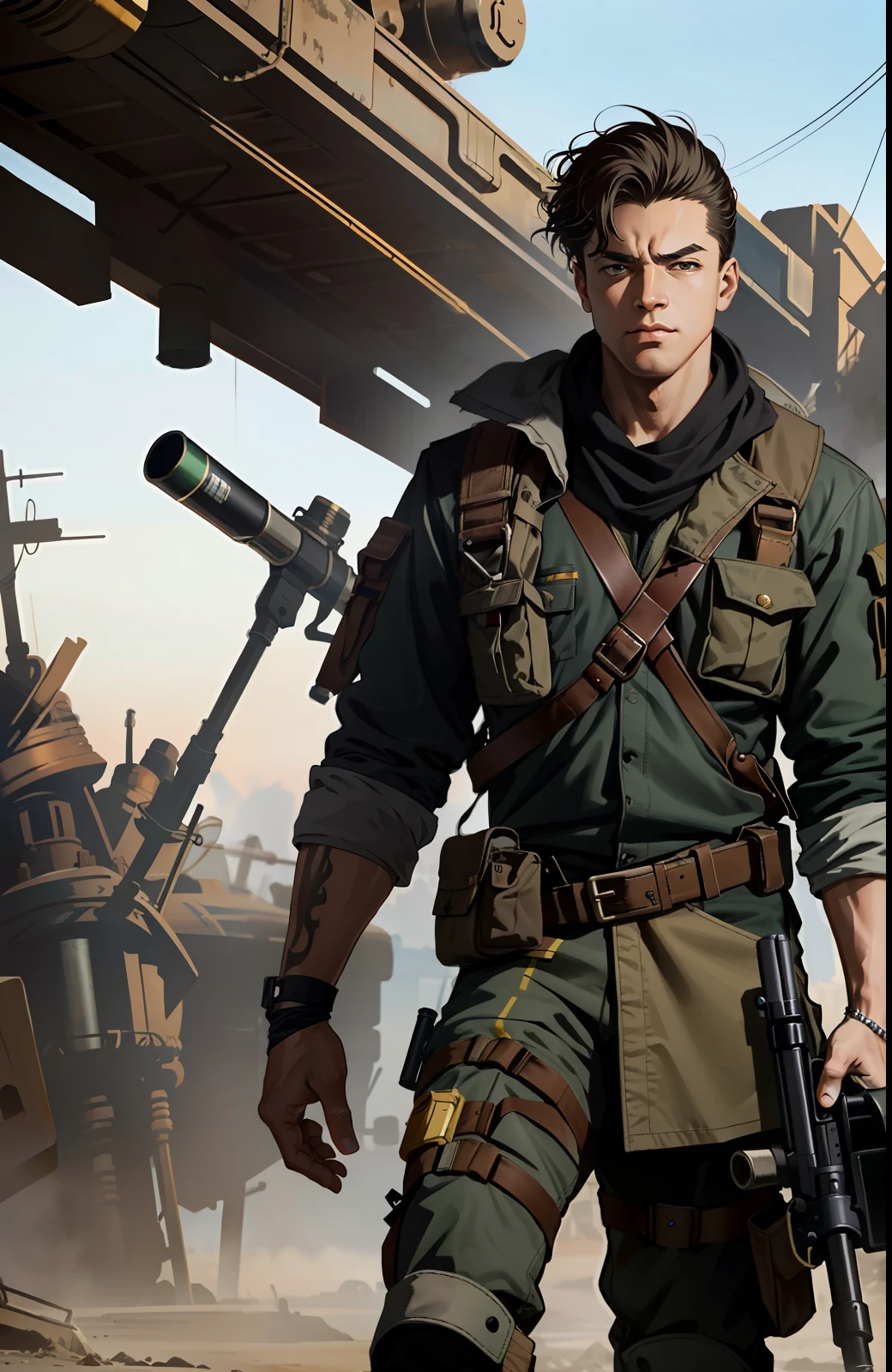 Post-apocalyptic explorer man, filme Hardware, epic scifi character art, estilo de arte Dieselpunk, symmetr, post-apocalyptic style, Frank Frazetta's art style