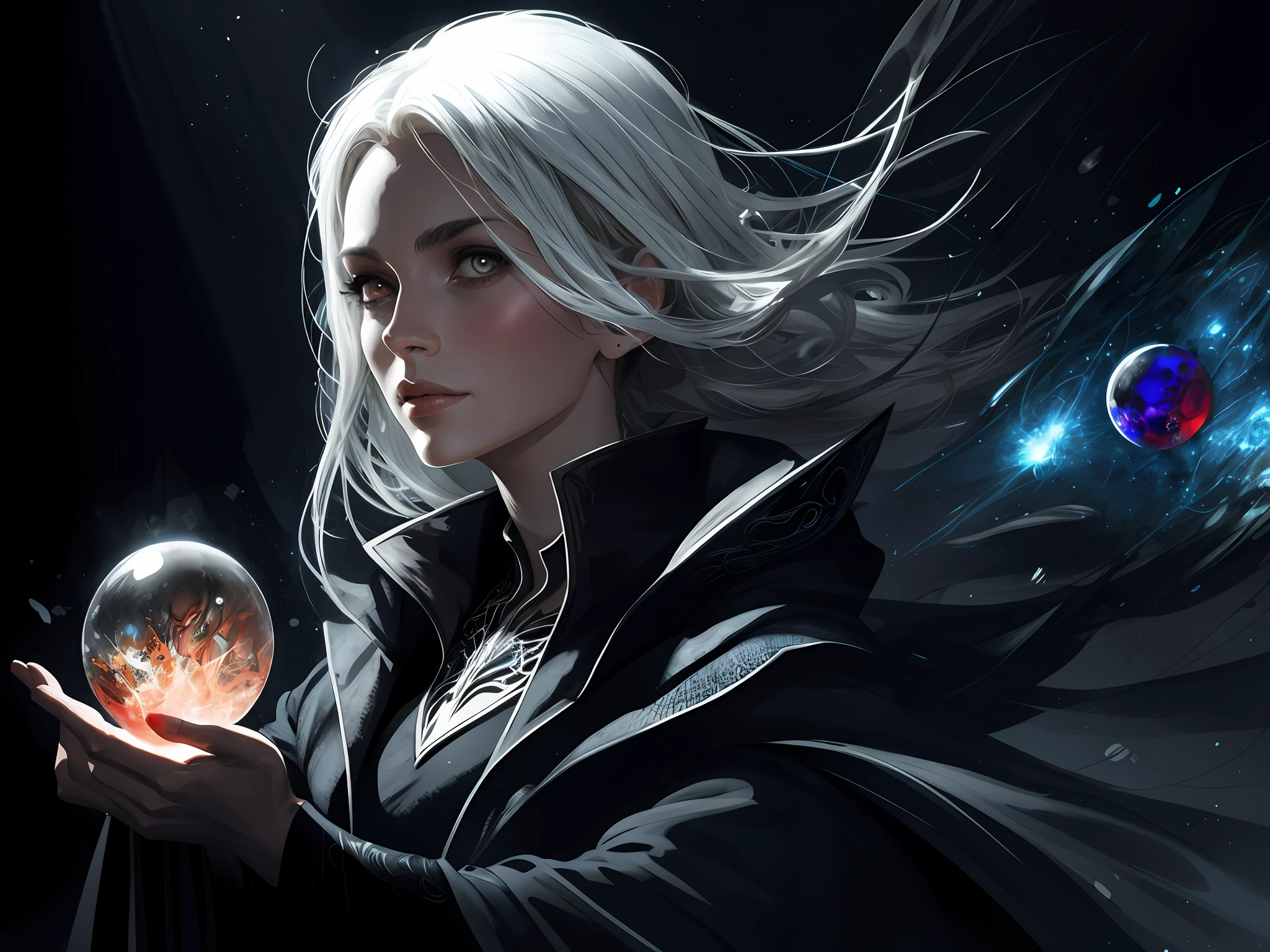 a wizard woman,black dressed,with glass ball,ultra detailed,dark night vision,watercolor,by yossi kotler,charlie bowater,4k,