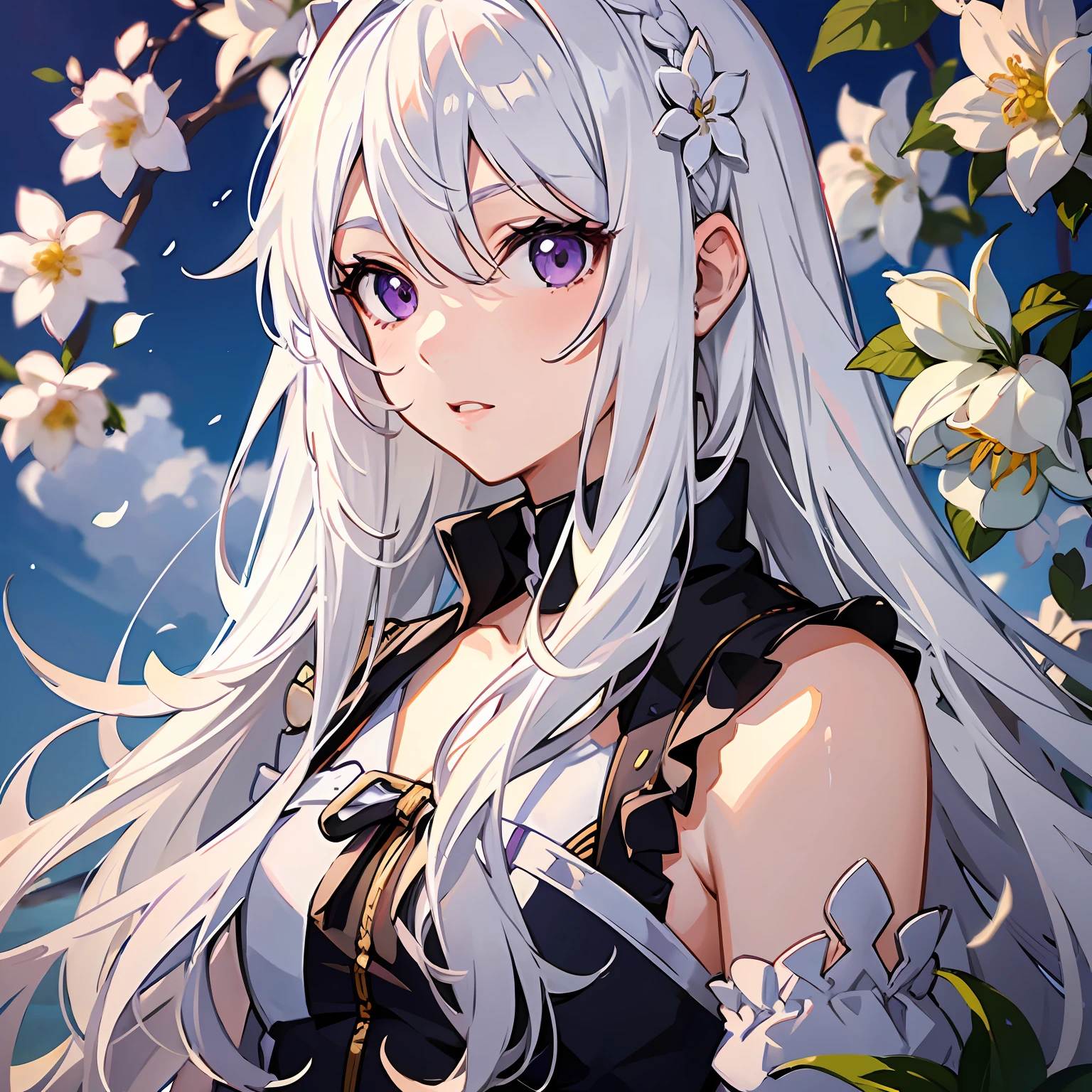 anime, girl, white hair, purple eyes, long hair, white flower in the hair