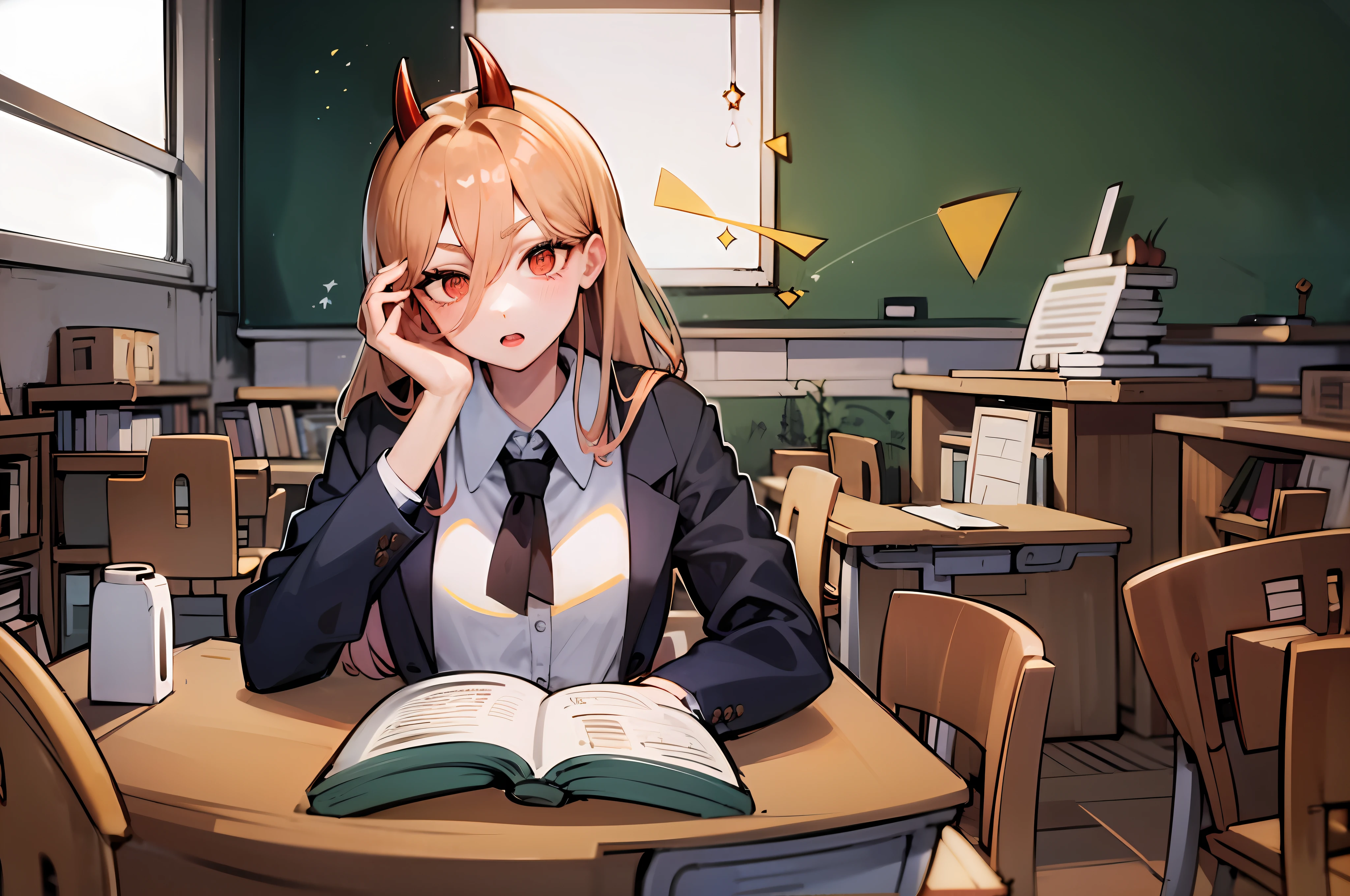 Masterpiece, Best Quality, (1 Girl, Solo Show), Power, White Shirt, Classroom, Devil's Corner, Red Eyes, Black Tie, Black Blazer, Desk Piled with Books