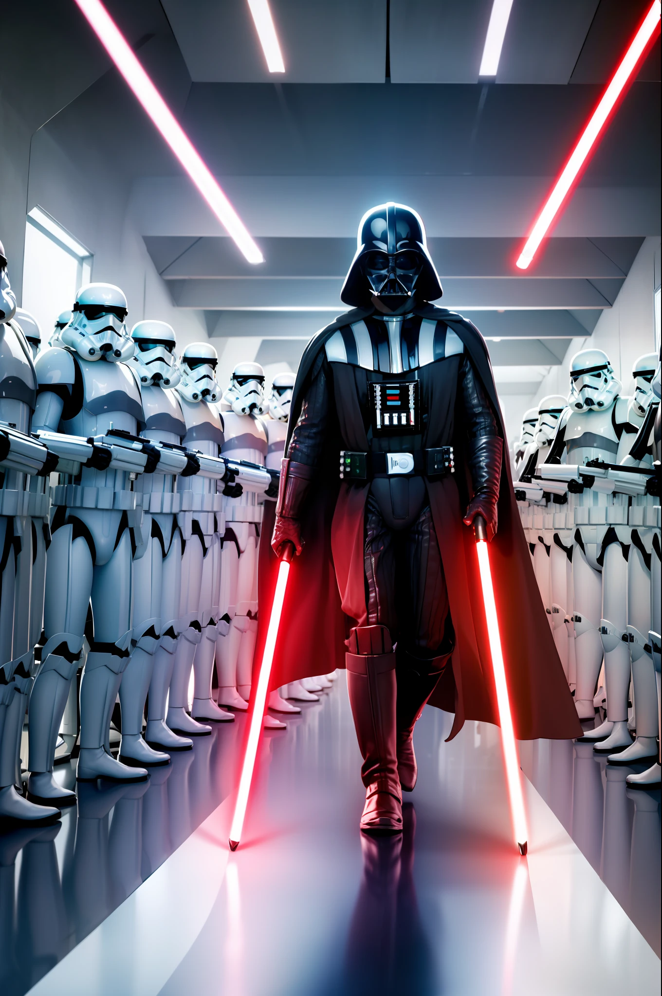 darth vader standing in front of a group of storm troopers in a room,
holding lightsabe in his hands, walking across a bunch of stormtroopers behind him,
Black_outfit,hood, hood_up, boots, darth vader helmet,cape,armor, shoulder armor, armored boots,  
glowing_sword, glowing_weapon,holding_sword, holding_weapon, hood, laser, lightsaber,holding a lightsaber,energy_sword, glowing, glowing_weapon,
darth vader,
1 Man, looking at viewer,(closed mouth:1.0),
NSFW,official art,extremely detailed CG unity 8k wallpaper, perfect lighting,Colorful, Bright_Front_face_Lighting,
(masterpiece:1.0),(best_quality:1.0), ultra high res,4K,ultra-detailed,
photography, 8K, HDR, highres, absurdres:1.2, Kodak portra 400, film grain, blurry background, bokeh:1.2, lens flare, (vibrant_color:1.2)