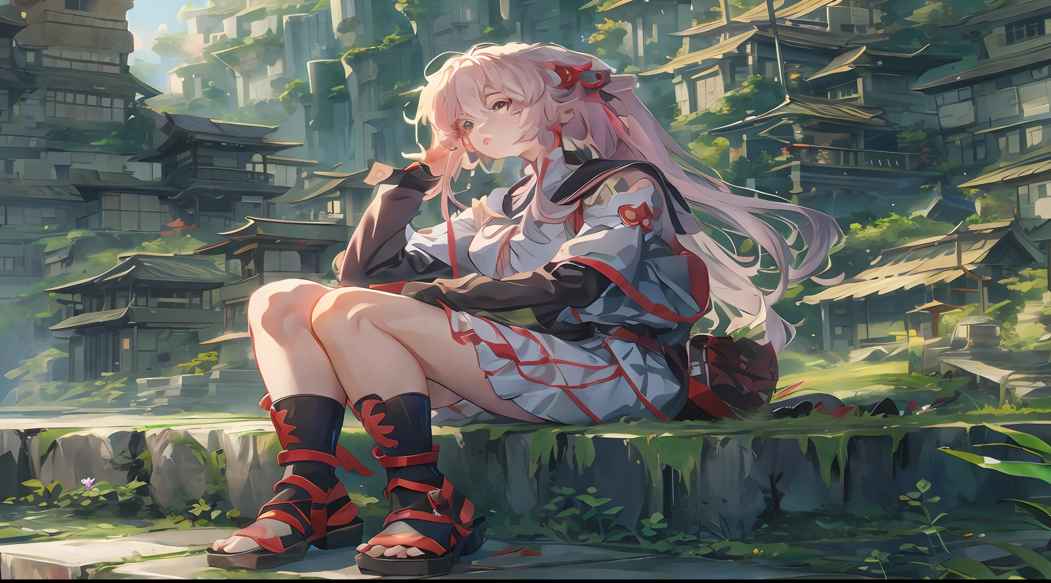 Anime girl sitting on a stone ledge with city background, beautiful anime girl squatting, anime style 4 k, Anime art wallpaper 8k, the anime girl is crouching, anime art wallpaper 4k, guweiz on pixiv artstation, Trending on ArtStation pixiv, anime art wallpaper 4k, guweiz on artstation pixiv