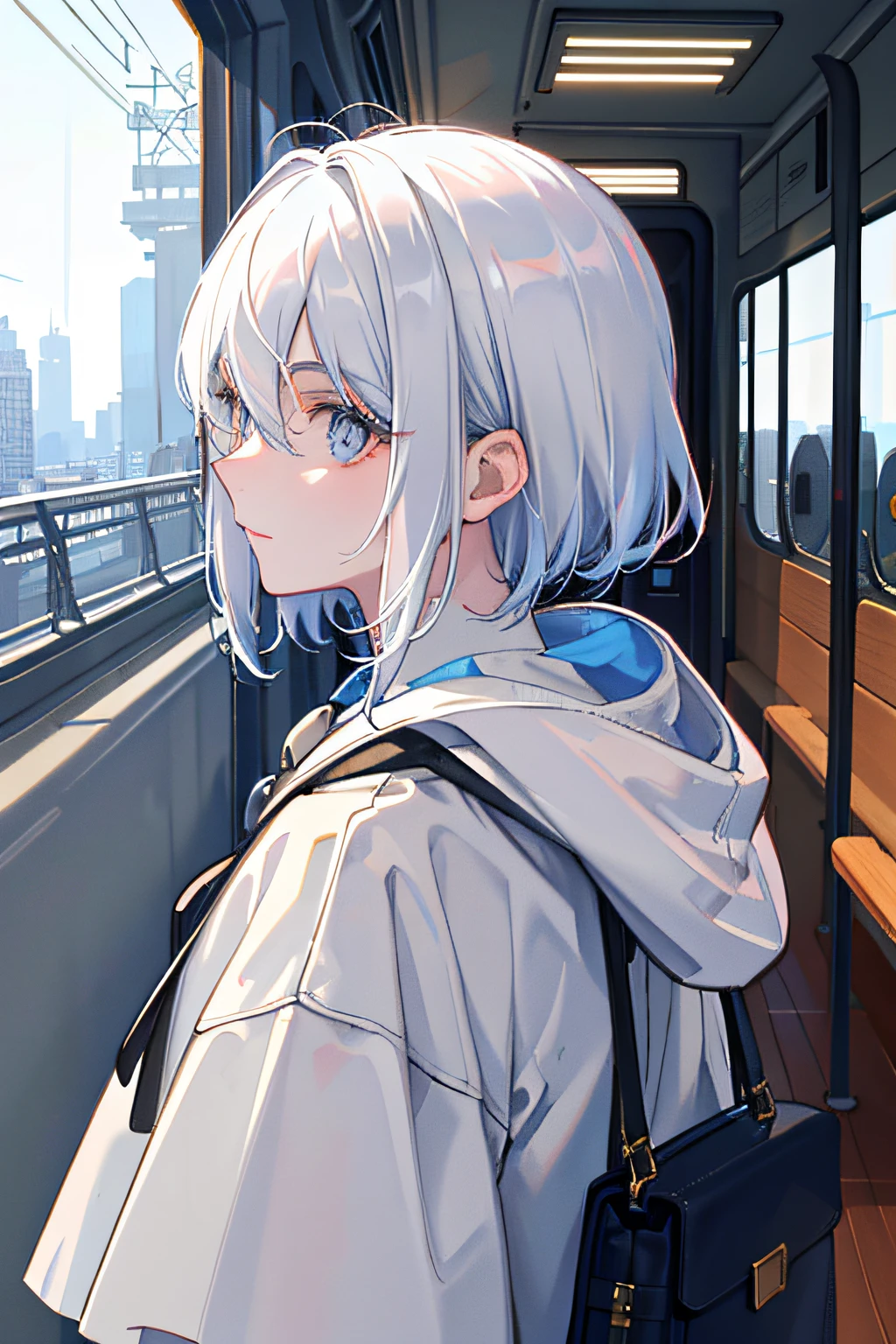 (Masterpiece, side-lighting, Ultra-detailed, fine detailed beautiful eyes: 1.2), 1boy, bag, Building, From the side Side, Earphone, Hood, Hood down, jaqueta com capuz, Hoodie, Jacket, short detailed hair,, profile, White hair , 独奏, trains, Train interior, The upper part of the body, Masterpiece, Best quality,petty eyes,llight rays,light particules