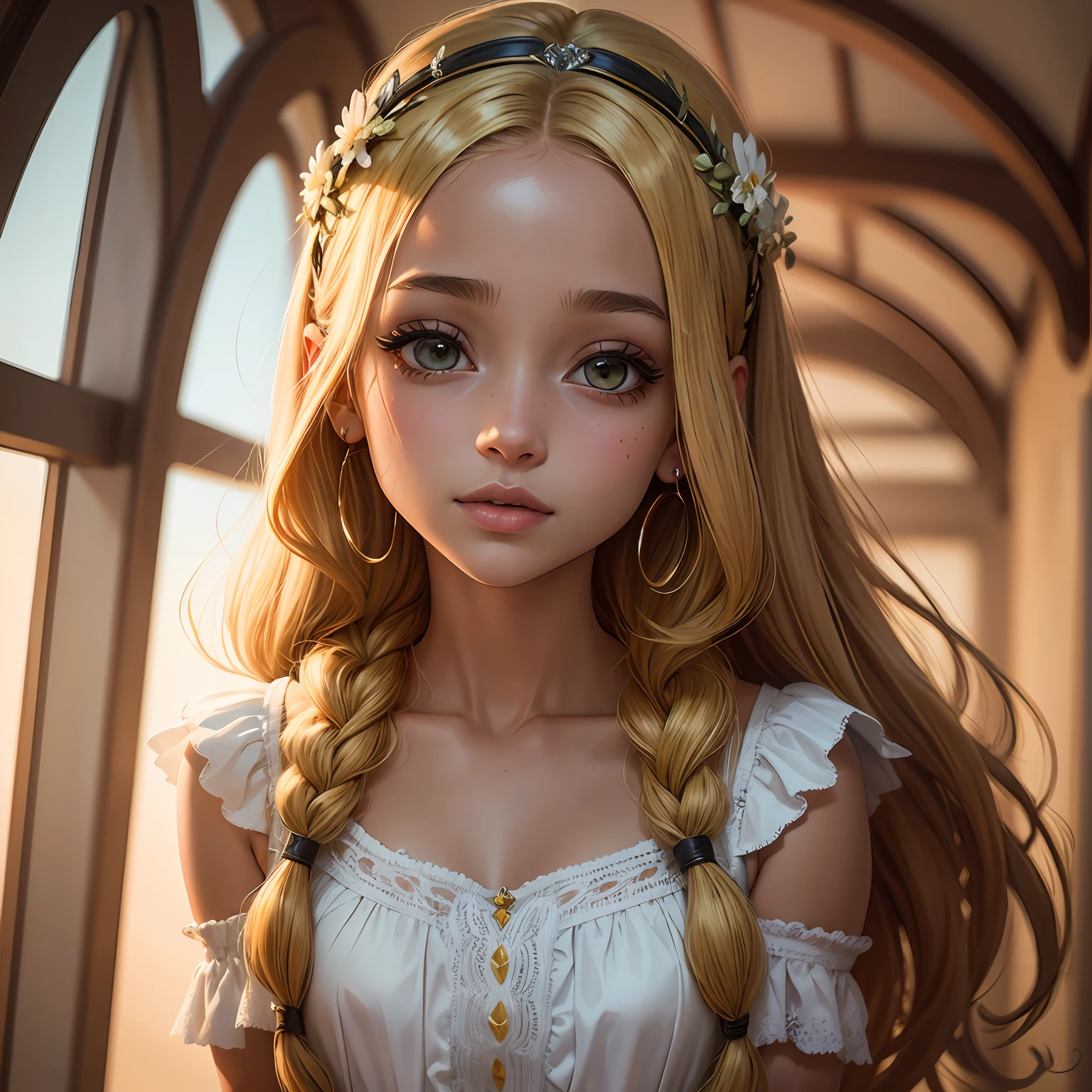 Princesa com vestido amarelo e dourado, olhos castanho, cabelo dourado, pele clara, fundo verde , coroada, (obra-prima, side-lighting, olho bonito finamente detalhado: 1.2), realista, pele lusmus, pele brilhante, luz facial, rosto brilhante, (1 adolescente menina), luz facial, rosto brilhante, pele brilhante, meio corpo, olhando espectador, wlop, menina bonita, joias, plaits, rosto bonito, olhos dourados, floresta encantada --auto