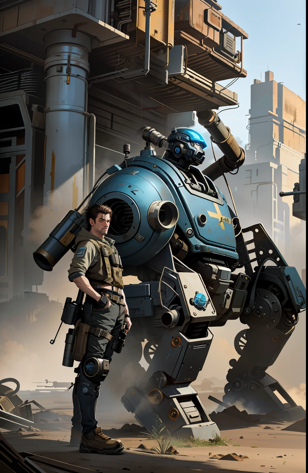 Post-apocalyptic exaggerated explorer robot, filme Hardware, epic scifi character art, Estilo de arte Dieselpunk, symmetr, postapocalyptic style, O estilo de arte de Frank Frazetta
