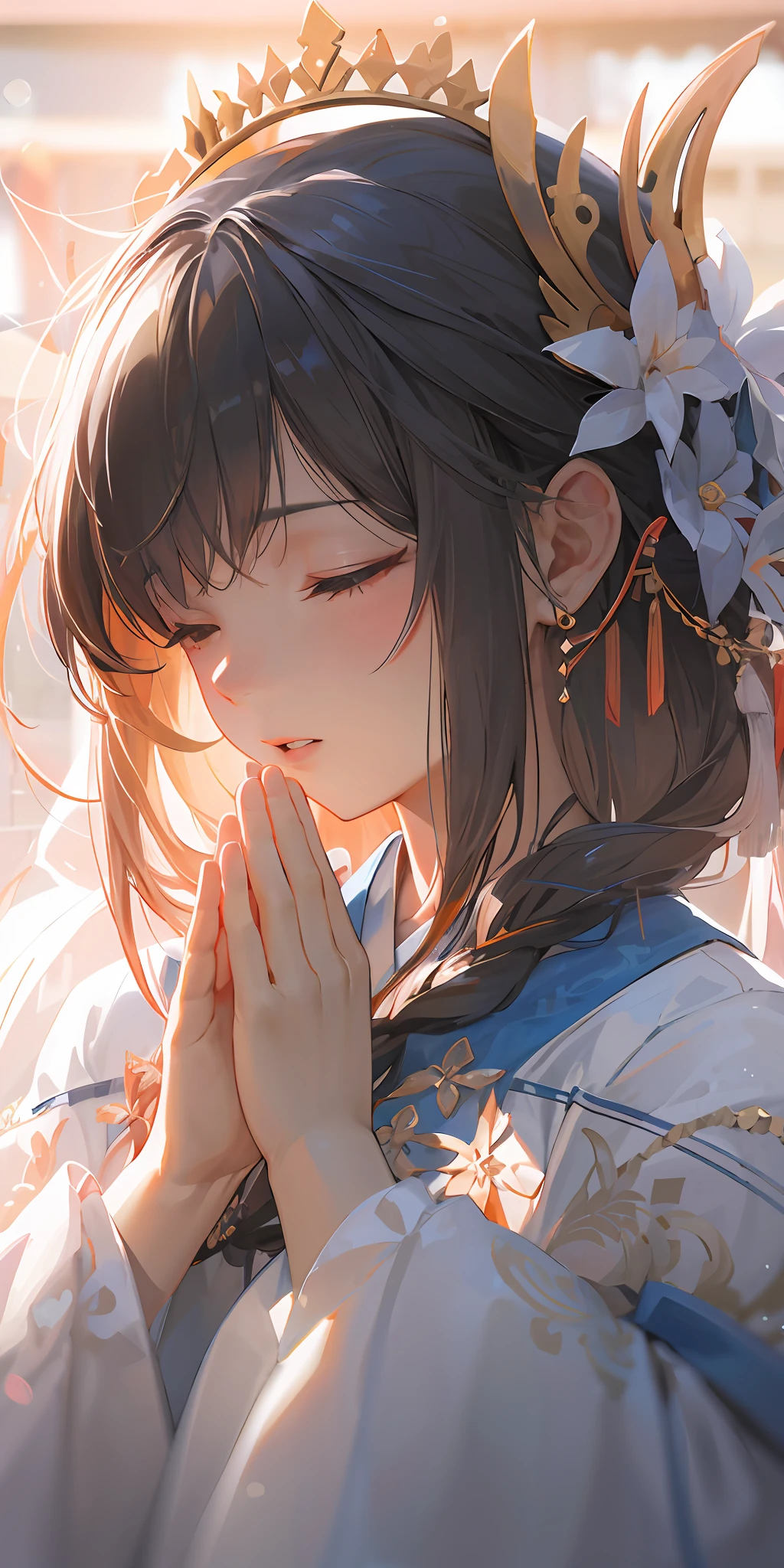 Anime girl praying in front of a building wearing a crown, Guviz-style artwork, Guweiz in Pixiv ArtStation, Guviz, Guweiz on ArtStation Pixiv, Detailed digital anime art, Palace ， A girl in Hanfu, Digital anime illustration, a beautiful anime portrait, style of anime4 K, trending on cgstation