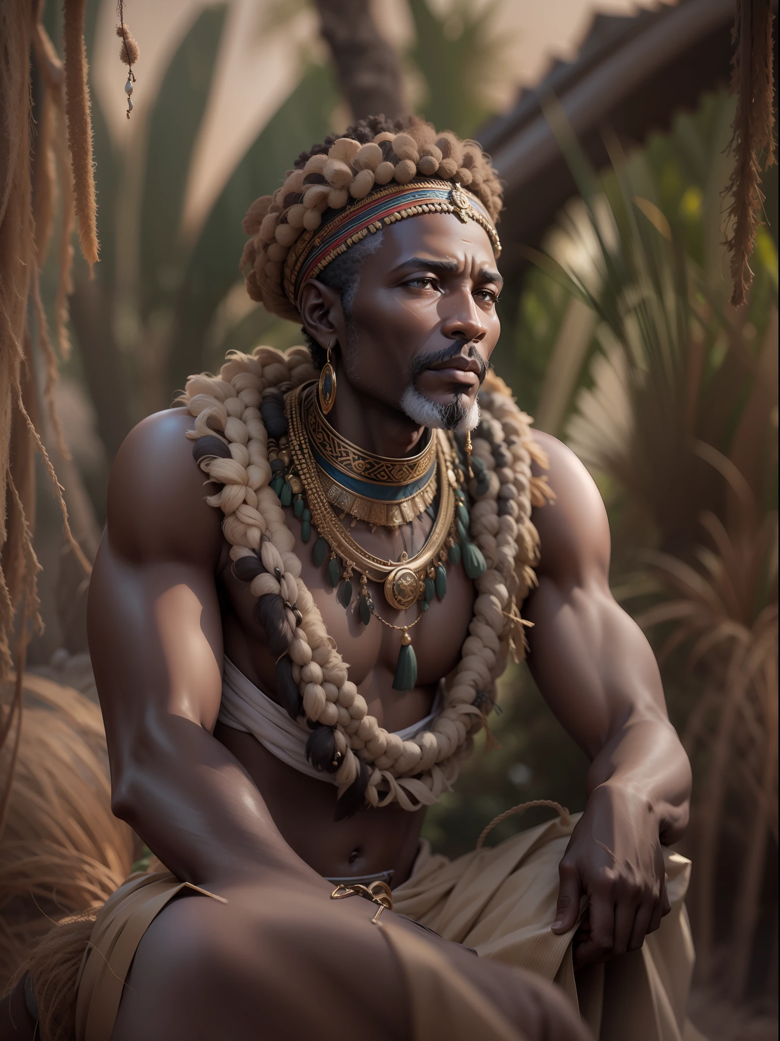 Deus africano, Oshala, 3d, 8k, rosto deslumbrante, 50 anos de idade, corpo perfeito, Roupa africana na cor branca, segurando um cajado, natureza ao fundo