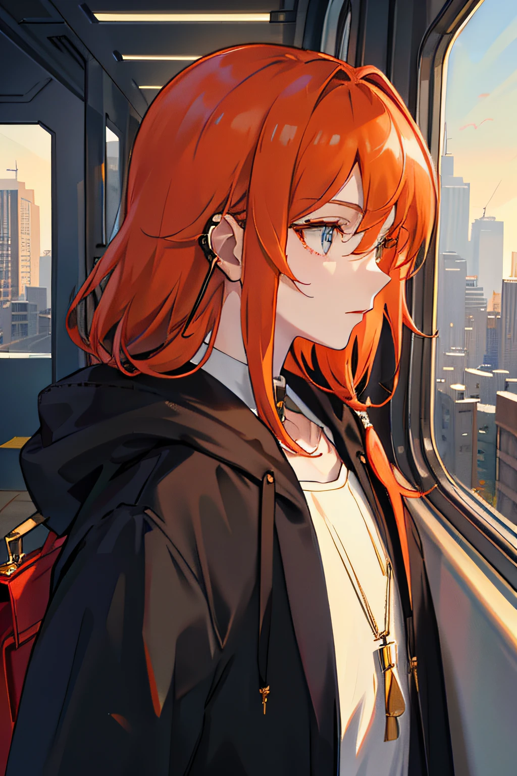 (Masterpiece, side-lighting, Ultra-detailed, fine detailed beautiful eyes: 1.2), 1boy, bag, Building, From the side Side, Earphone, Hood, Hood down, jaqueta com capuz, Hoodie, Jacket, Long hair, Orange hair, profile, Red hair , 独奏, trains, Train interior, The upper part of the body, Masterpiece, Best quality，petty eyes，Young boys