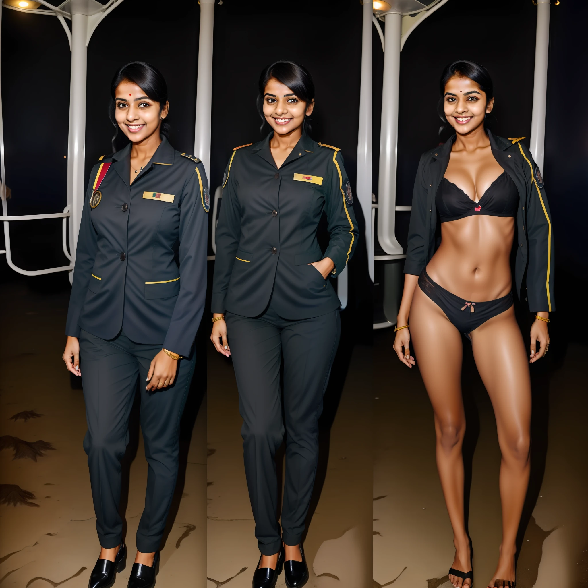 Side by side photo of a mallu flight attendant woman ,(island:1.3), jacket and pants, outdoors, fair skin,tall, seductive, detailed cute face, full lips, smiling, hyper realistic, ((skinny:1.0)), clothed, full body shot, messy black hair