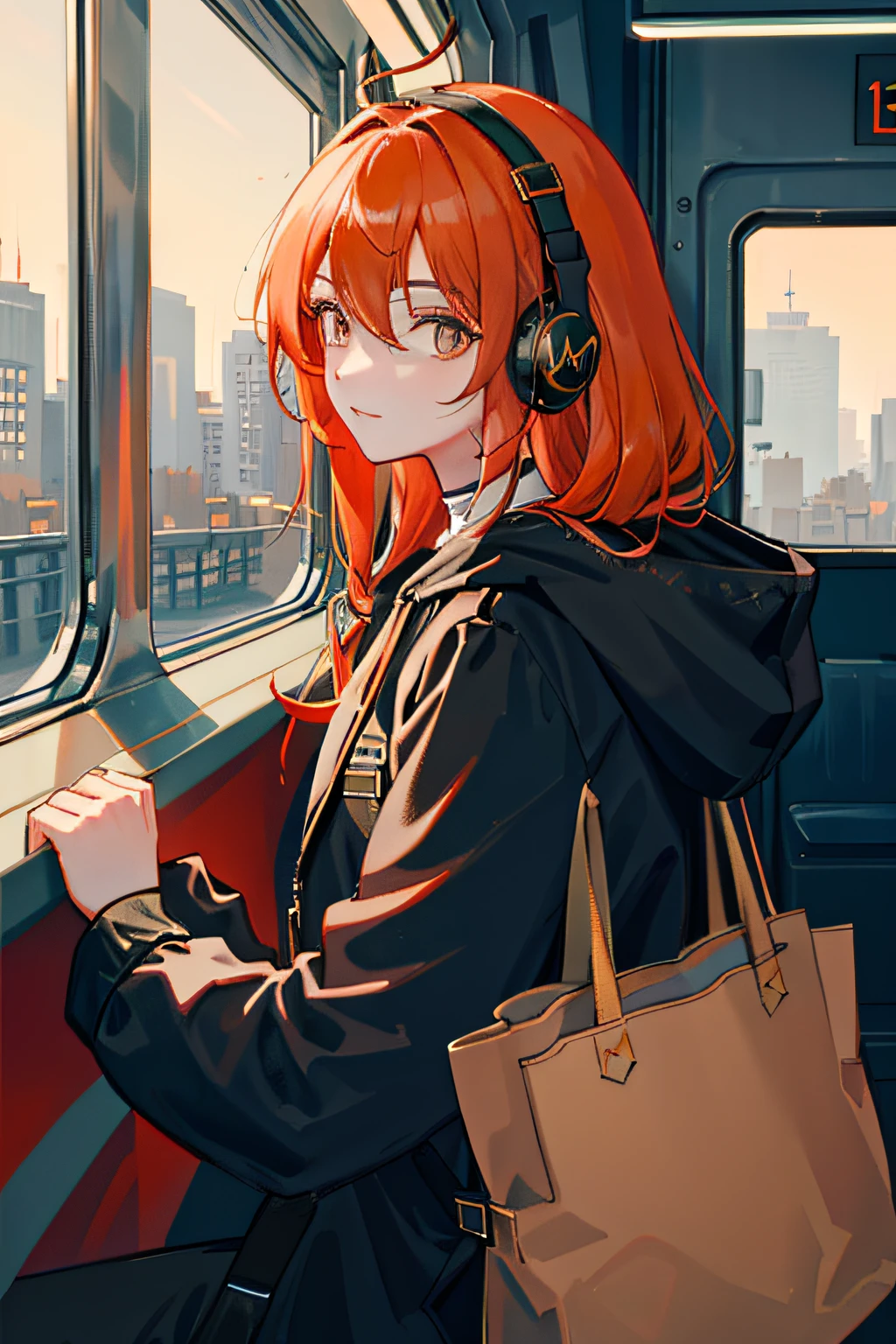 (masterpiece, sidelighting, ultra-detailed, fine detailed beautiful eyes: 1.2), 1boy, bag, building, from side, headphones, hood, hood down, hooded jacket, hoodie, jacket, long hair, orange hair, profile, red hair , 独奏, trains, Train interior, The upper part of the body, Masterpiece, best quality，petty eyes