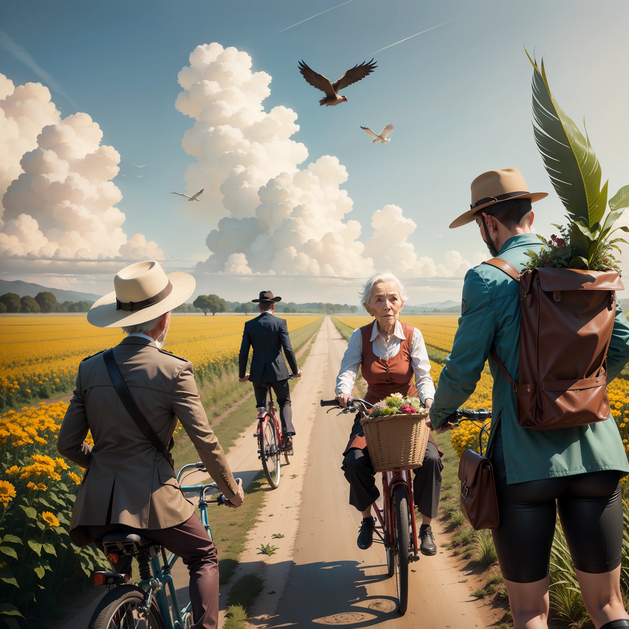 verism style,Crop fields,the scarecrow,Wild geese fly in the sky,An old lady with a sickle in her hand and a basket on her back,The lad was riding a bike,Blue skies,Heartwarming scene --auto