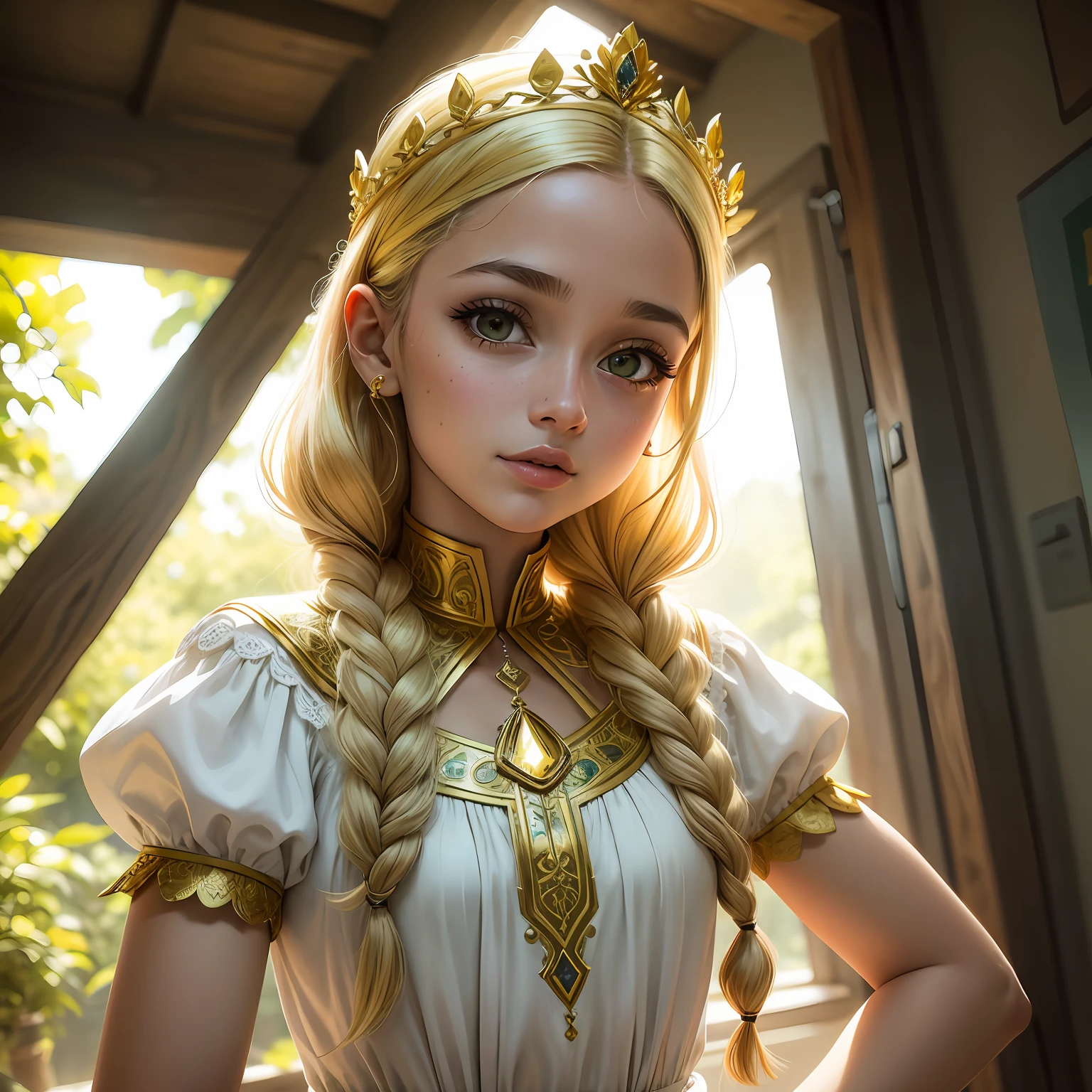 Princesa com vestido amarelo e dourado, olhos castanho, cabelo dourado, pele clara, fundo verde , coroada, (obra-prima, side-lighting, olho bonito finamente detalhado: 1.2), realista, pele lusmus, pele brilhante, luz facial, rosto brilhante, (1 adolescente menina), luz facial, rosto brilhante, pele brilhante, meio corpo, olhando espectador, wlop, menina bonita, joias, plaits, rosto bonito, olhos dourados, floresta encantada --auto