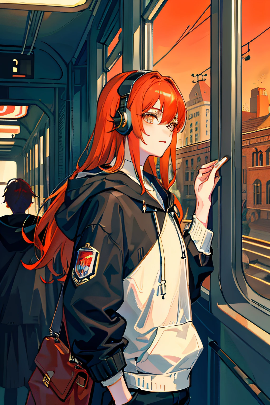 (masterpiece, sidelighting, ultra-detailed, fine detailed beautiful eyes: 1.2), 1boy, bag, building, from side, headphones, hood, hood down, hooded jacket, hoodie, jacket, long hair, orange hair, profile, red hair , 独奏, trains, Train interior, The upper part of the body, Masterpiece, best quality,petty eyes