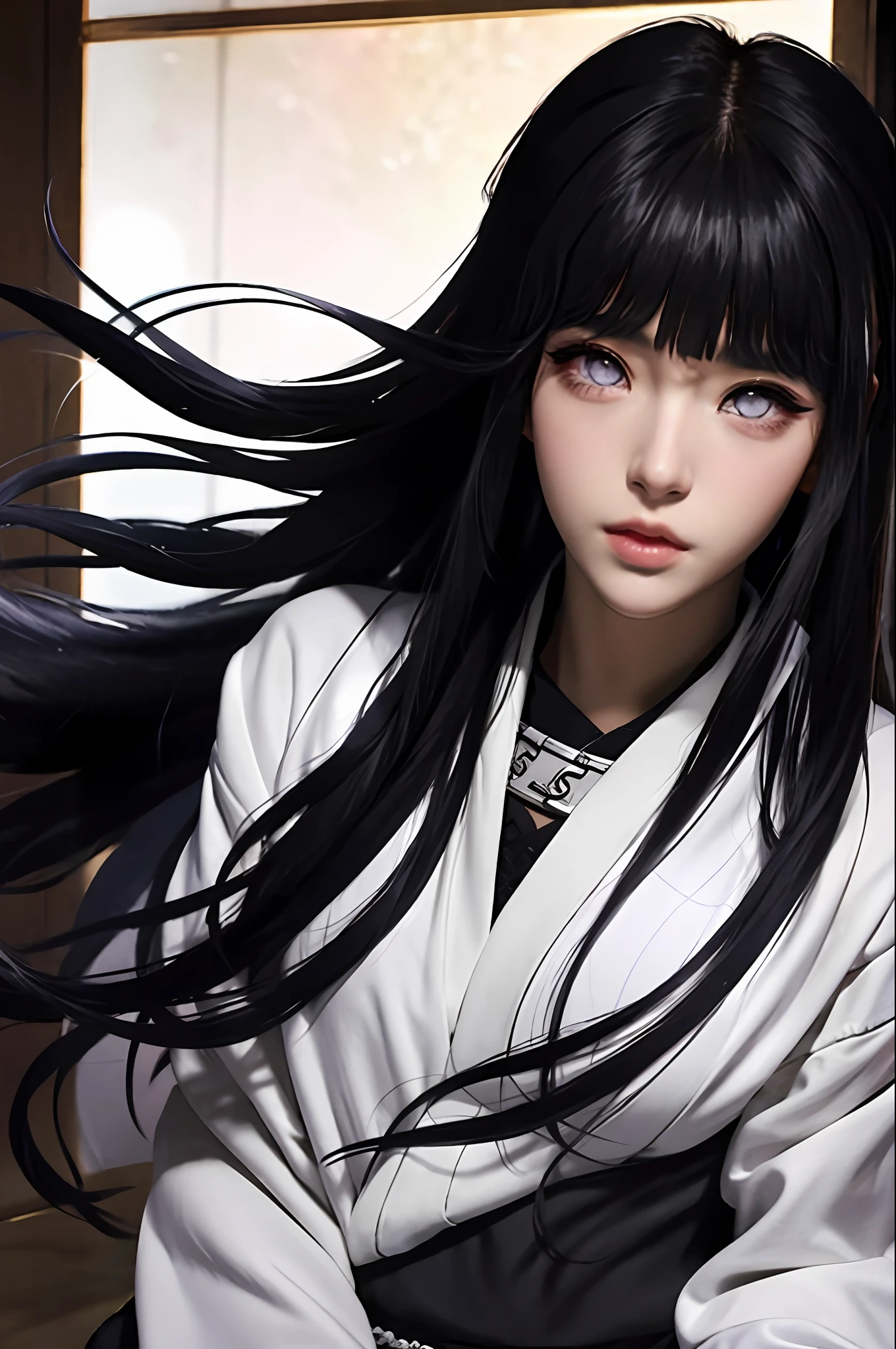 ((Obra-Prima)), digital ART, alta resolução, Hyuuga Hinata, cabelo longo, long hair, Hinata Hyuuga, ART realista, olhos lilases, princesa do Byakugou, bem detalhada, solo, 1girl, fundo floral bem iluminado