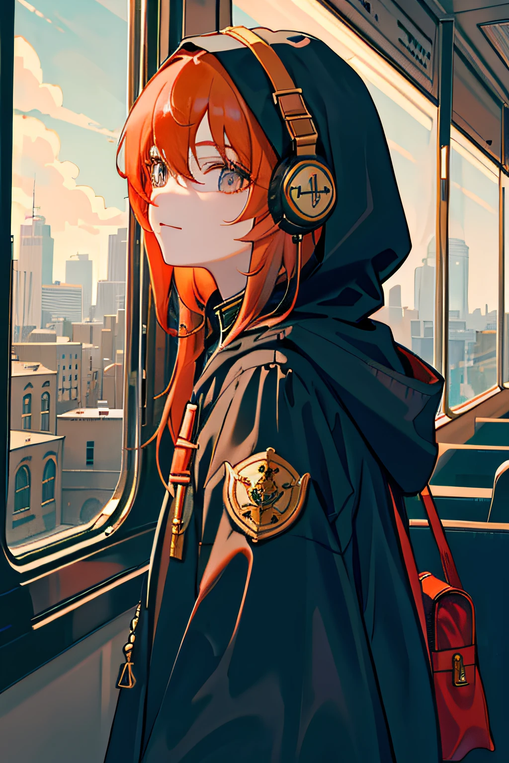 (masterpiece, sidelighting, ultra-detailed, fine detailed beautiful eyes: 1.2), 1boy, bag, building, from side, headphones, hood, hood down, hooded jacket, hoodie, jacket, long hair, orange hair, profile, red hair , 独奏, trains, Train interior, The upper part of the body, Masterpiece, best quality，petty eyes