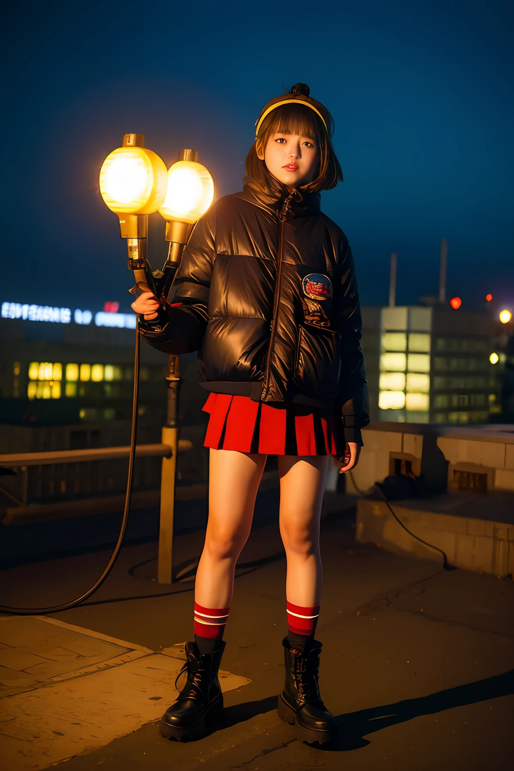 middle school girl、14years、Large gas mask、fur-coat、dictator、Big dragon tattoo、Tattoos all over the body、Glowing headgear、On the rooftop、Huge background is a neon sign、Leather gloves、long boots、Holding a Japan sword、Baseball armor、insurrection、Nuclear power plant in the background、Terrorist groups、Fluorescence Headgear、short-haired、bleu hair、Ignite fire from a flamethrower、middle school girl、14years、gas masks、high socks、Rooftop at night、City on fire in the background