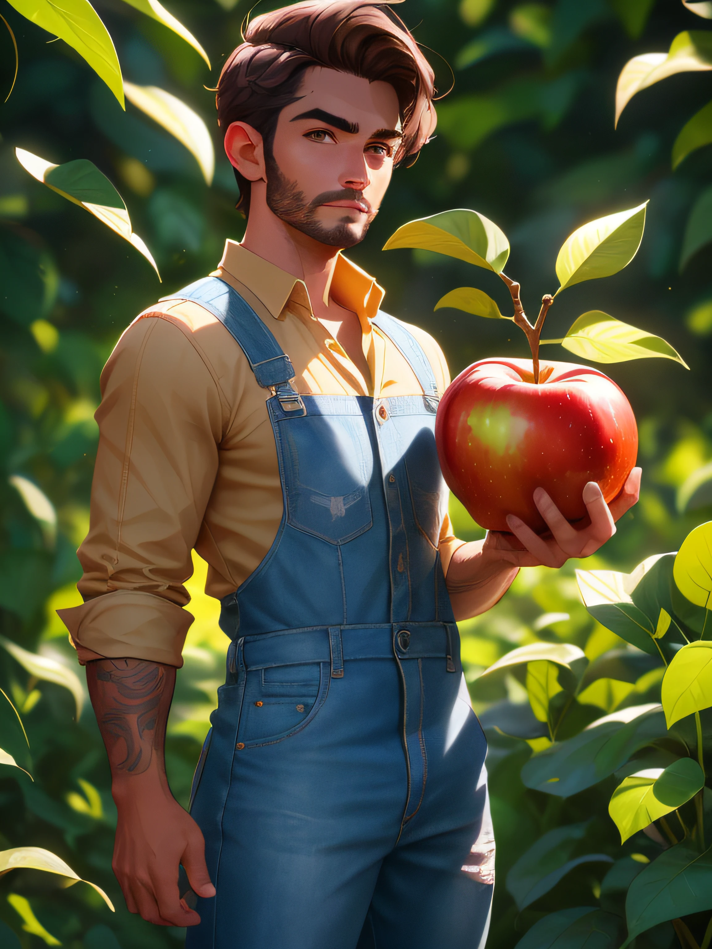 ((Agricultor Masculino no Campo)), Sem Fundo, stylization, 3D-rendering, octan render, 3D, Smiley, Pose, Disney-Pixar, Fundo Branco, animation masterpiece, Melhor Qualidade, ((Fotorrealista: 1.4)) Obra-prima, illustration, Muito delicado e bonito, CG altamente detalhado, papel de parede 8k, Awesome, detalhes finos, Altamente detalhado CG Unity 8k papel de parede, tamanho de arquivo enorme, super detalhe, ultra high-resolution, alta resolução, altamente detalhado, (((olhos e rosto masculinos altamente detalhados)), belos olhos masculinos detalhados, rosto altamente detalhado, perfect lighting, luz facial, cores naturais-AR 1:1 holding an apple