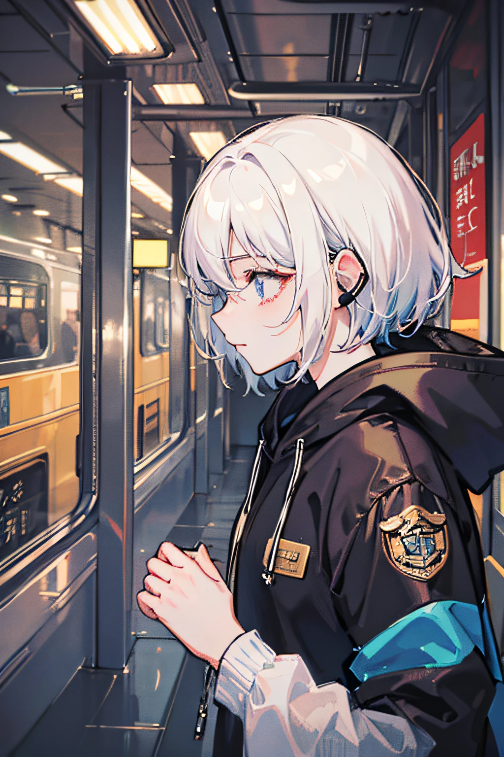 (Masterpiece, side-lighting, Ultra-detailed, grim eyes，), 1boy, bag, Building, From the side Side, Earphone, Hood down, jaqueta com capuz, Hoodie, Jacket, Short hair, profile, White hair , 独奏, trains, Train interior, The upper part of the body, Masterpiece, Best quality，apprehension，schoolboy，lose，dazed