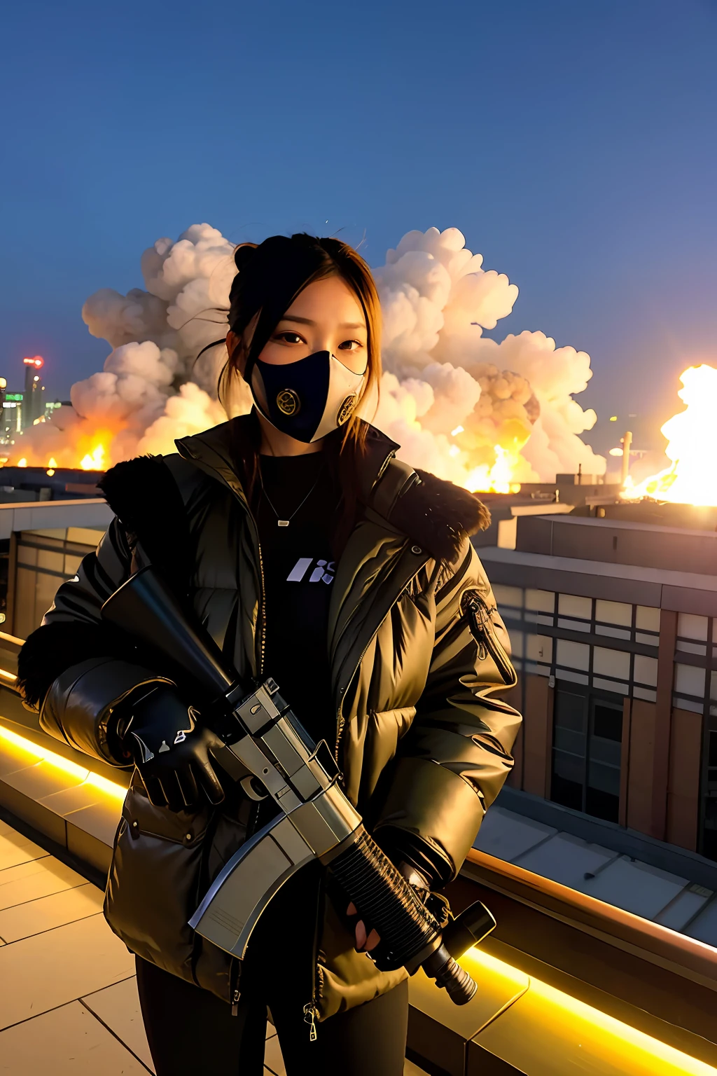 gals、Large gas mask、fur-coat、dictator、Big dragon tattoo、Tattoos all over the body、Glowing headgear、On the rooftop、Huge background is a neon sign、Leather gloves、long boots、Holding a Japan sword、Baseball armor、insurrection、Nuclear power plant in the background、Terrorist groups、Fluorescence Headgear、short-haired、bleu hair、Ignite fire from a flamethrower、、14years、gas masks、 socks、Rooftop at night、City on fire in the background