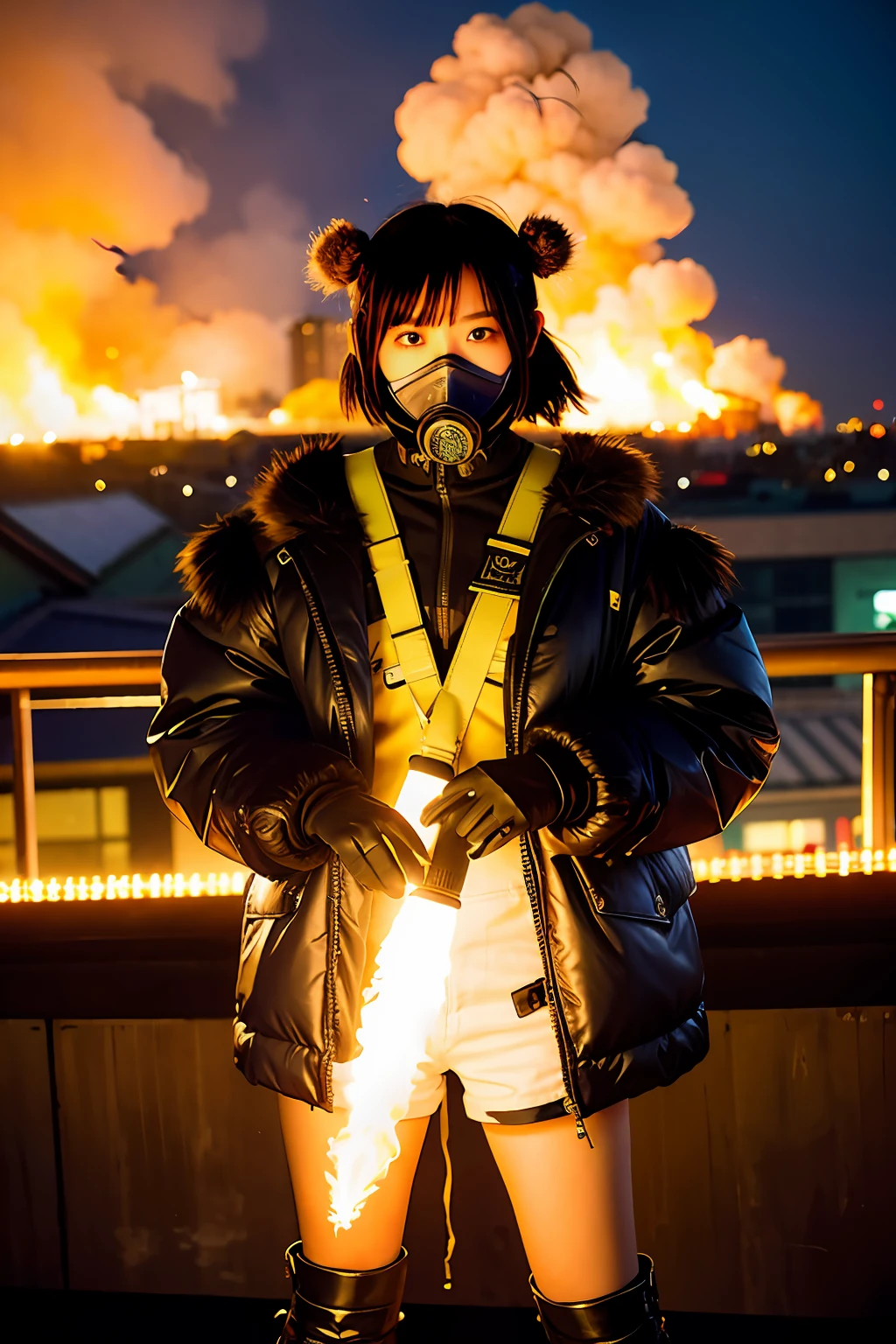 gals、Large gas mask、fur-coat、dictator、Big dragon tattoo、Tattoos all over the body、Glowing headgear、On the rooftop、Huge background is a neon sign、Leather gloves、long boots、Holding a Japan sword、Baseball armor、insurrection、Nuclear power plant in the background、Terrorist groups、Fluorescence Headgear、short-haired、bleu hair、Ignite fire from a flamethrower、middle school girl、14years、gas masks、high socks、Rooftop at night、City on fire in the background